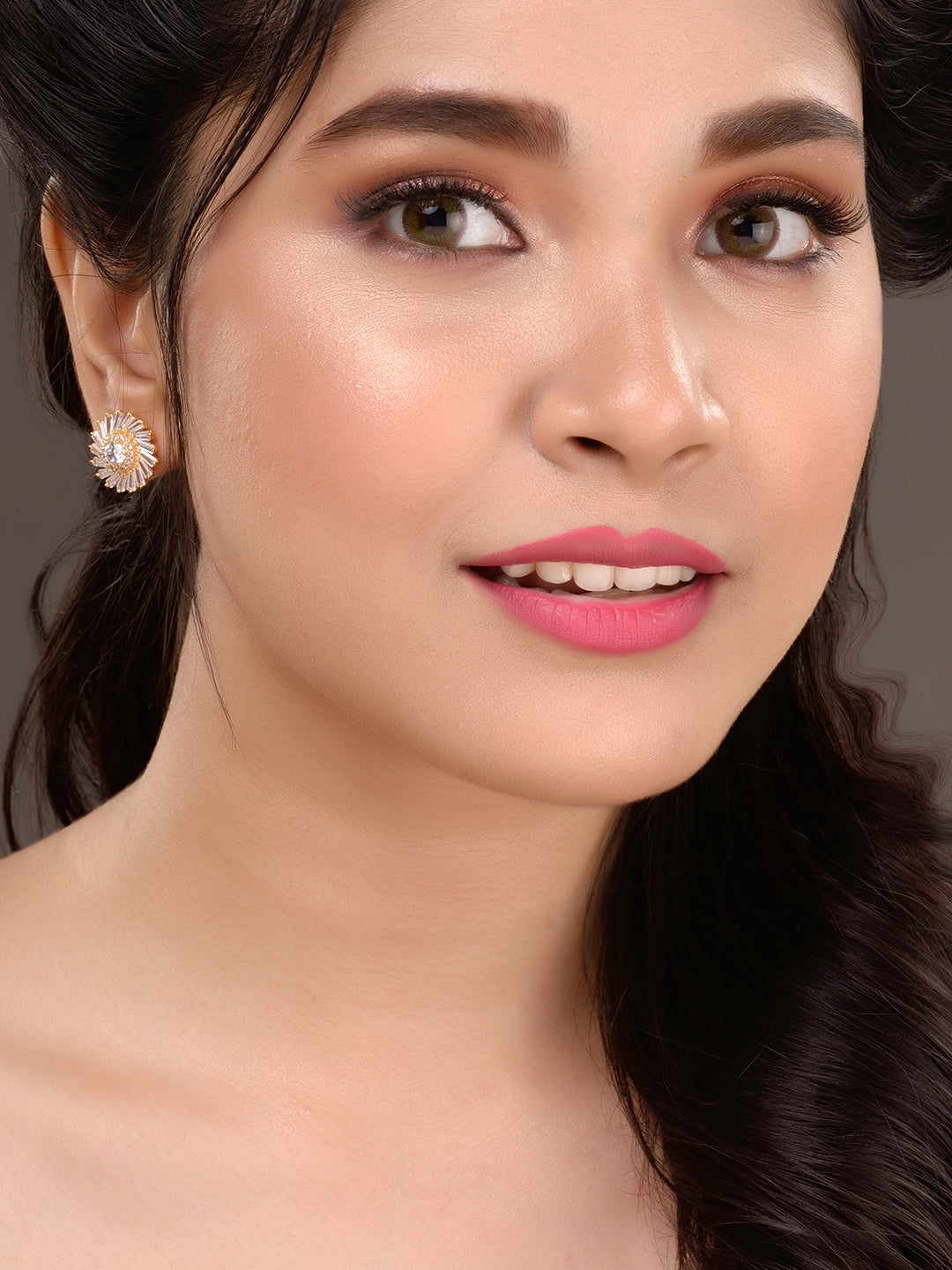 Gold Toned White AD Studded Sun Stud Earrings