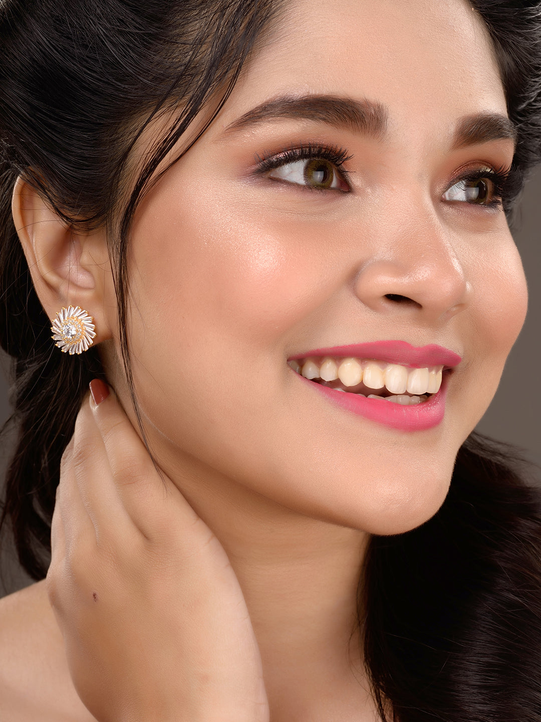 Gold Toned White AD Studded Sun Stud Earrings