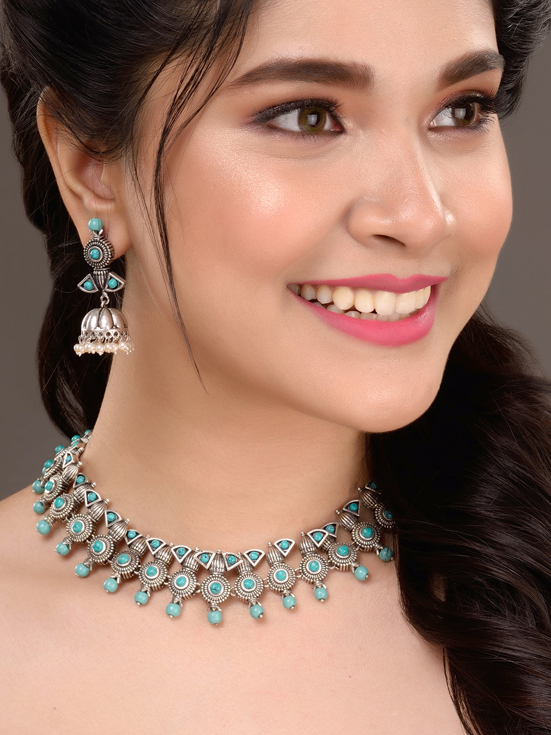 Oxidised Silver Toned Aqua Turquoise Choker Jewellery set