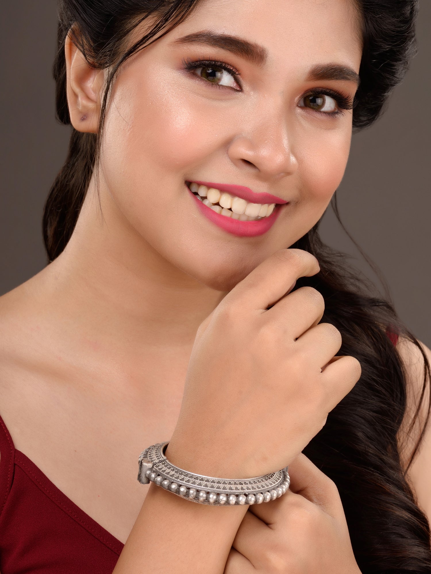 Oxidised Silver Toned Tribal kada Bracelet