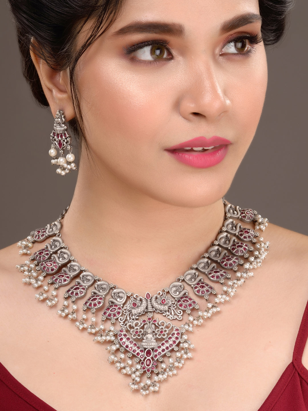 Oxidised Silver Toned Antique Temple Peacock Design Choker Jewellery set