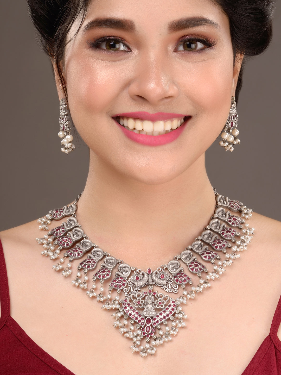 Oxidised Silver Toned Antique Temple Peacock Design Choker Jewellery set