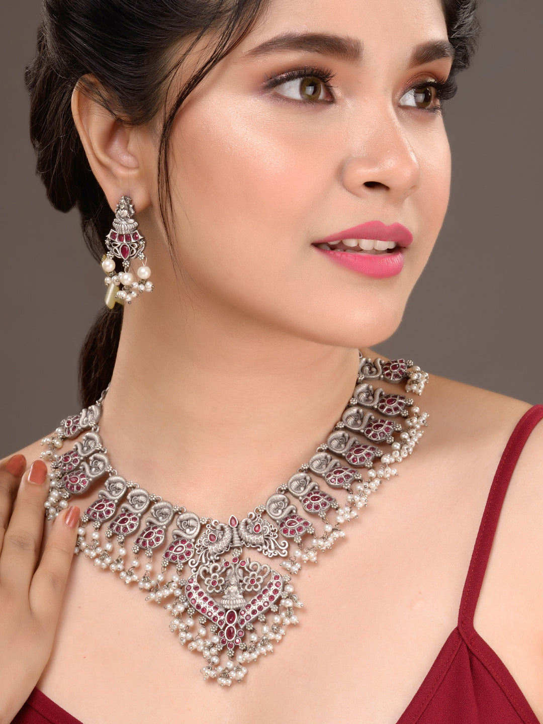 Oxidised Silver Toned Antique Temple Peacock Design Choker Jewellery set