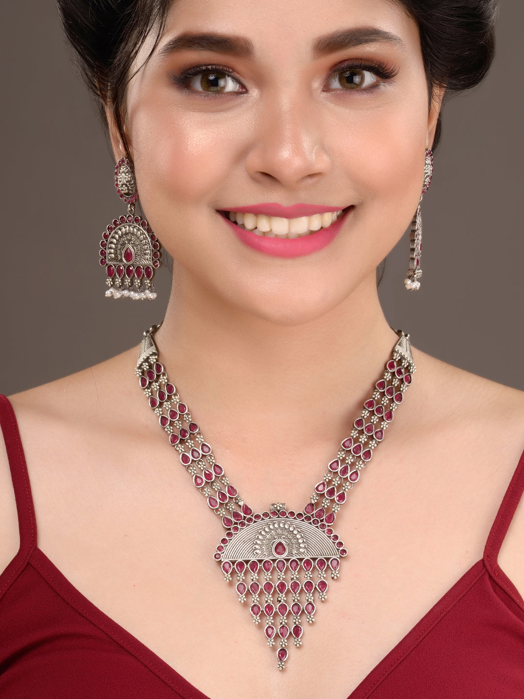 Oxidised Silver Toned Red Stone Studded Tribal Necklace Jewellery set