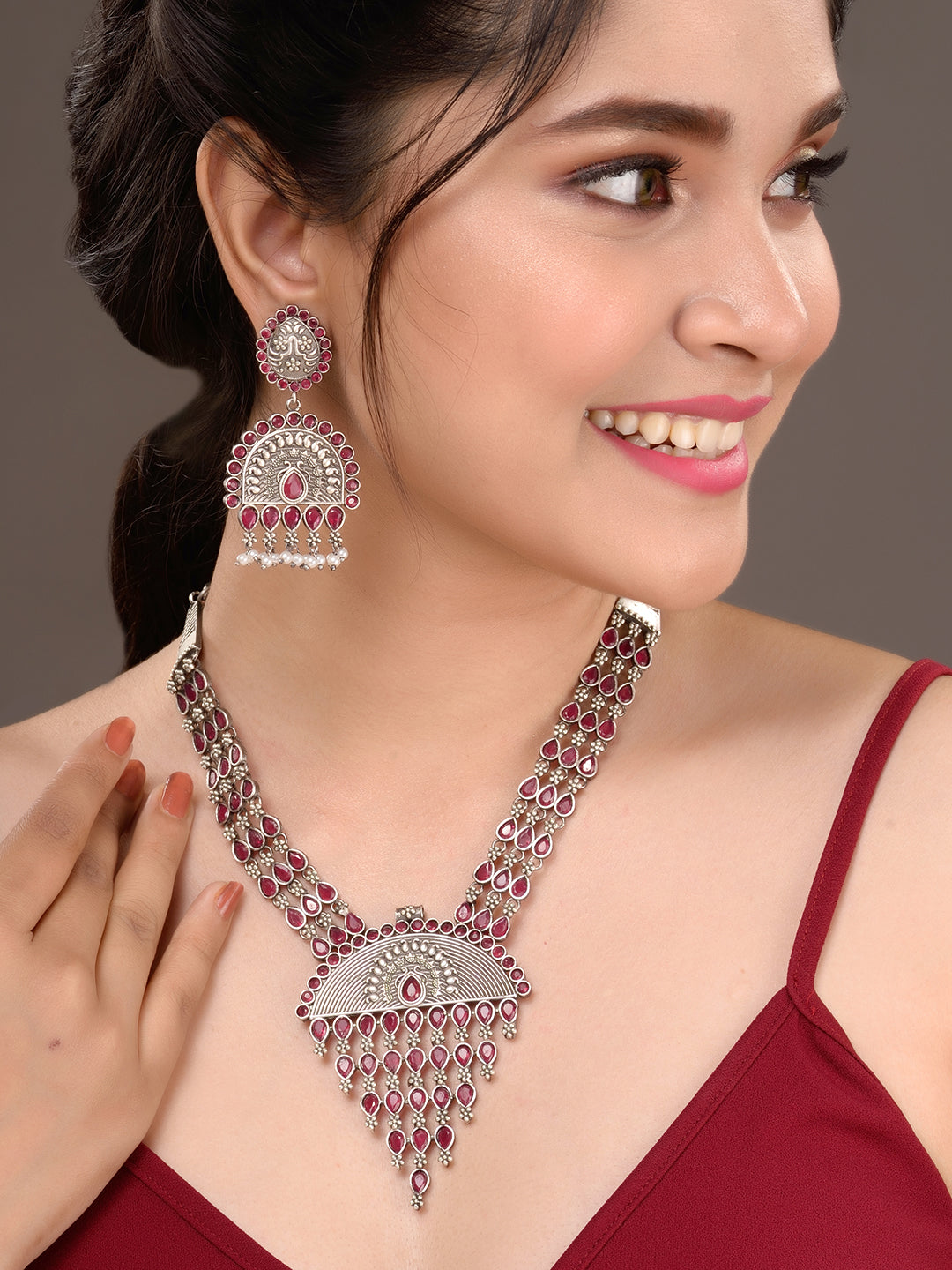 Oxidised Silver Toned Red Stone Studded Tribal Necklace Jewellery set