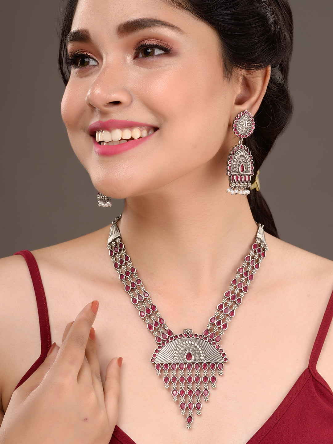 Oxidised Silver Toned Red Stone Studded Tribal Necklace Jewellery set