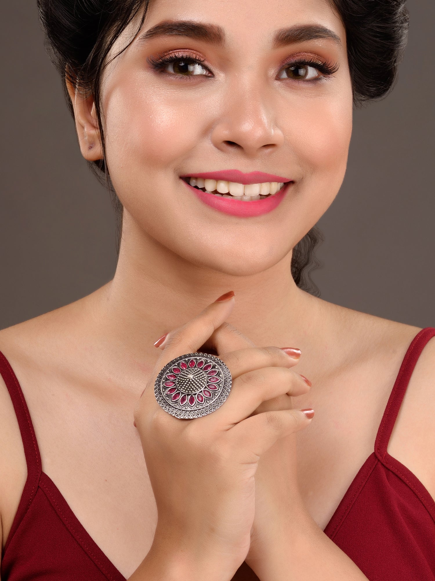 Oxidised Silver Plated Pink Stone Studded Finger Ring