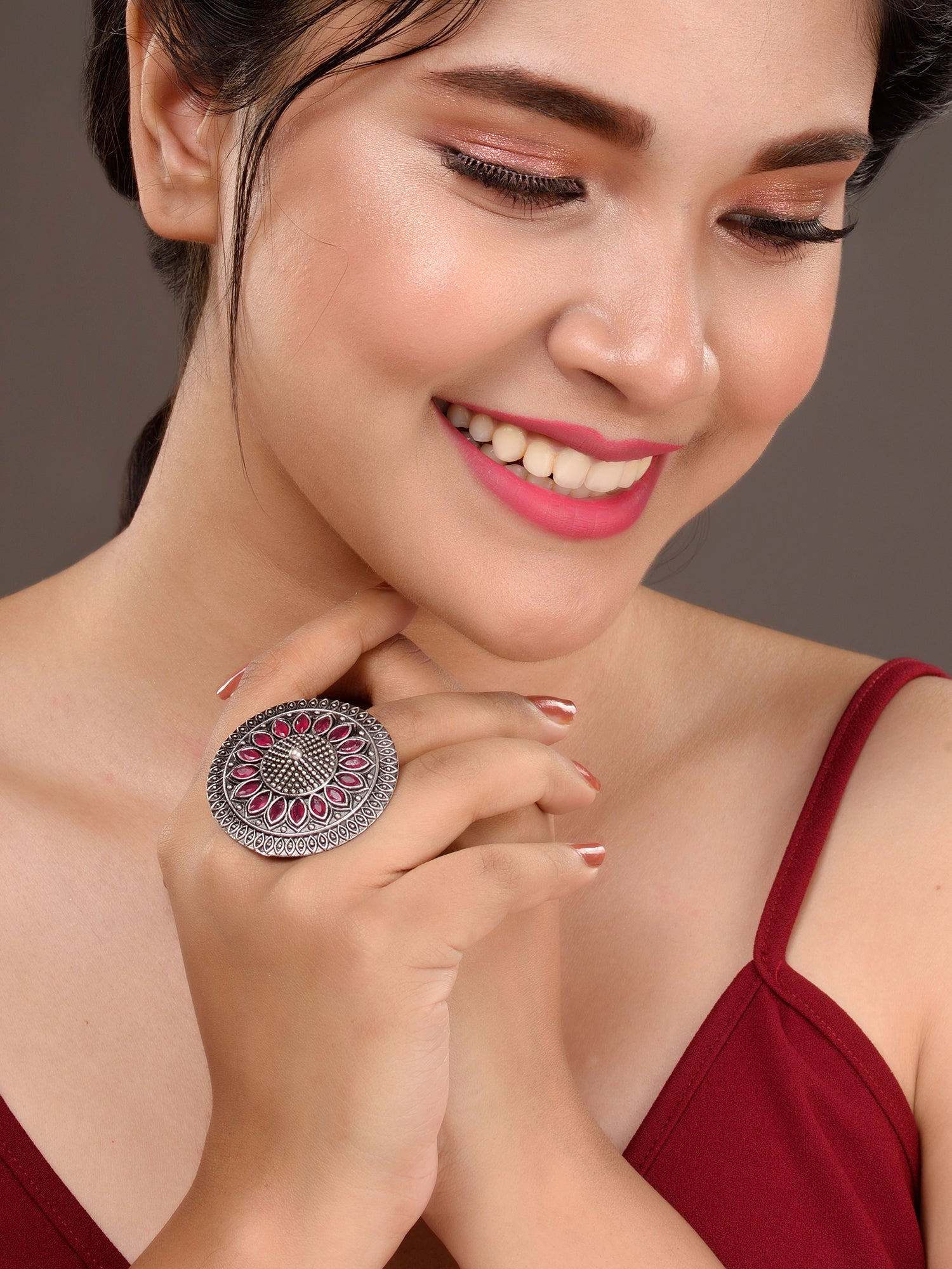 Oxidised Silver Plated Pink Stone Studded Finger Ring