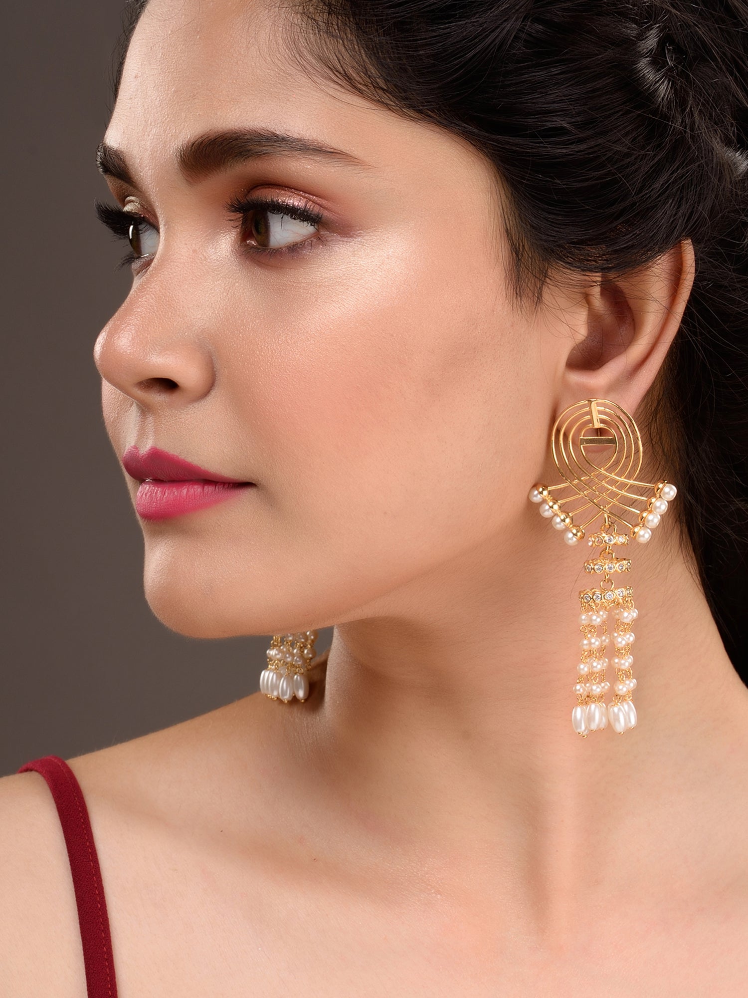 Gold Plated Pearl Beaded Chandelier Jhumka Earrings