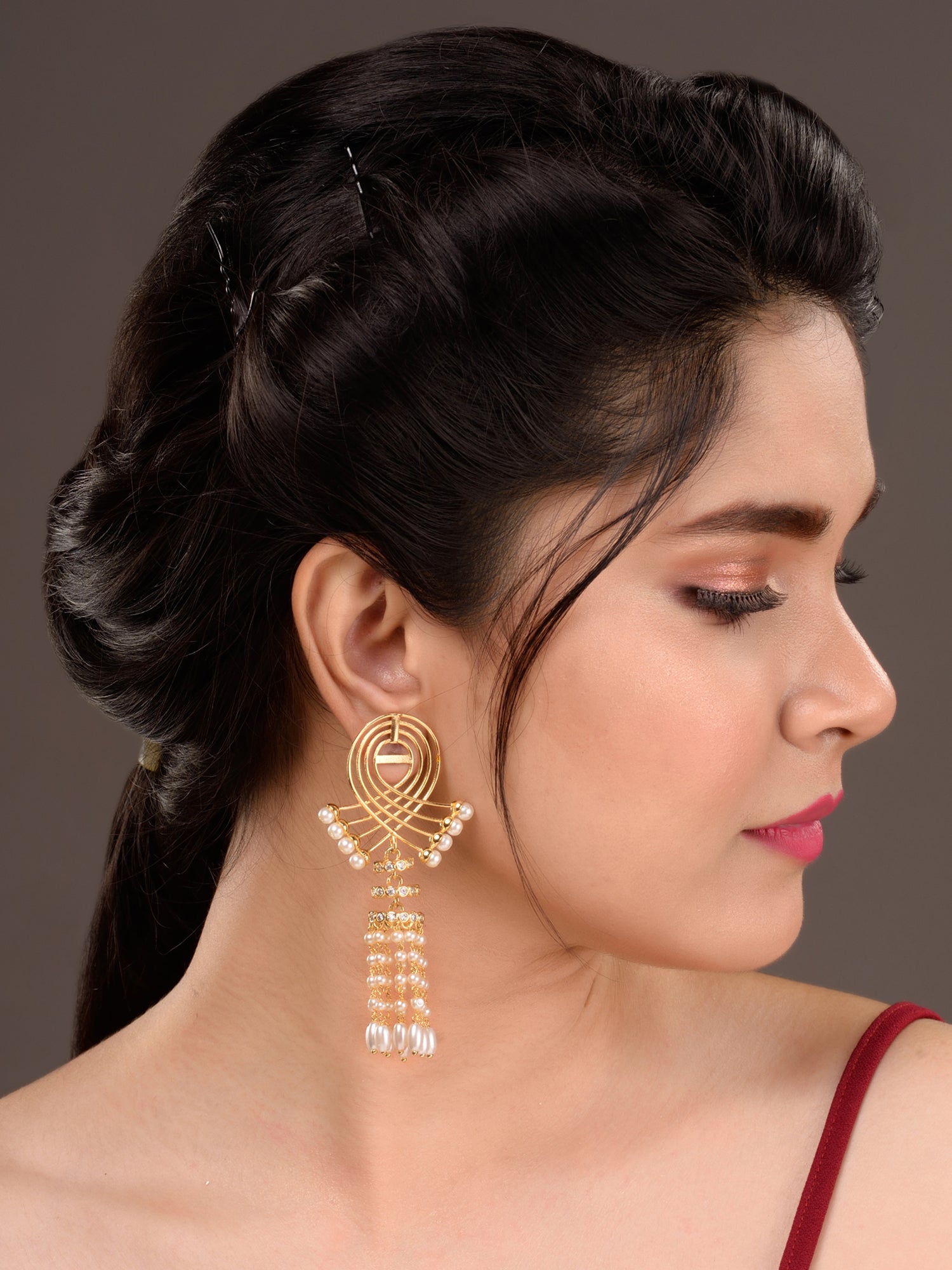 Gold Plated Pearl Beaded Chandelier Jhumka Earrings