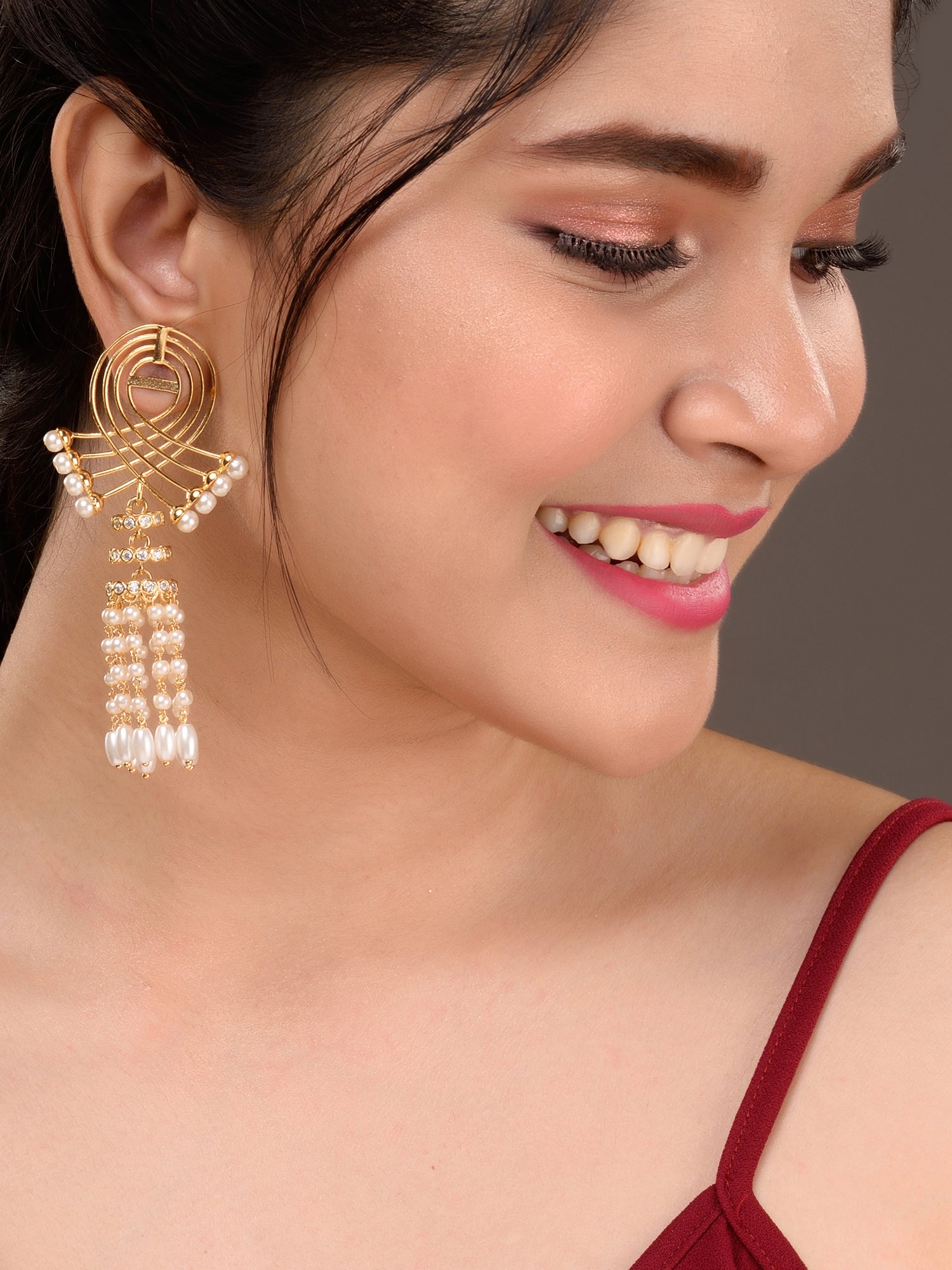 Gold Plated Pearl Beaded Chandelier Jhumka Earrings