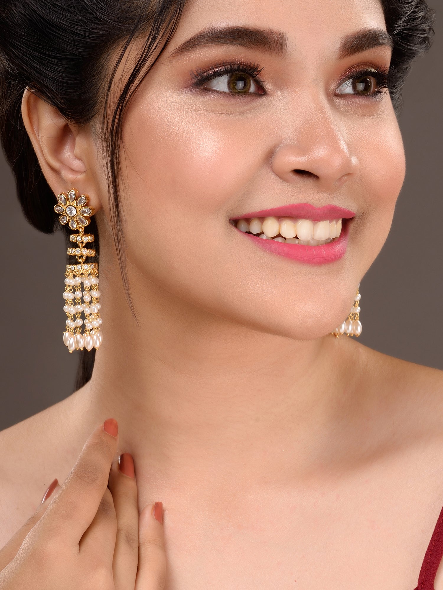 Gold plated polki Pearl Beaded Light Weight Chandelier Earrings