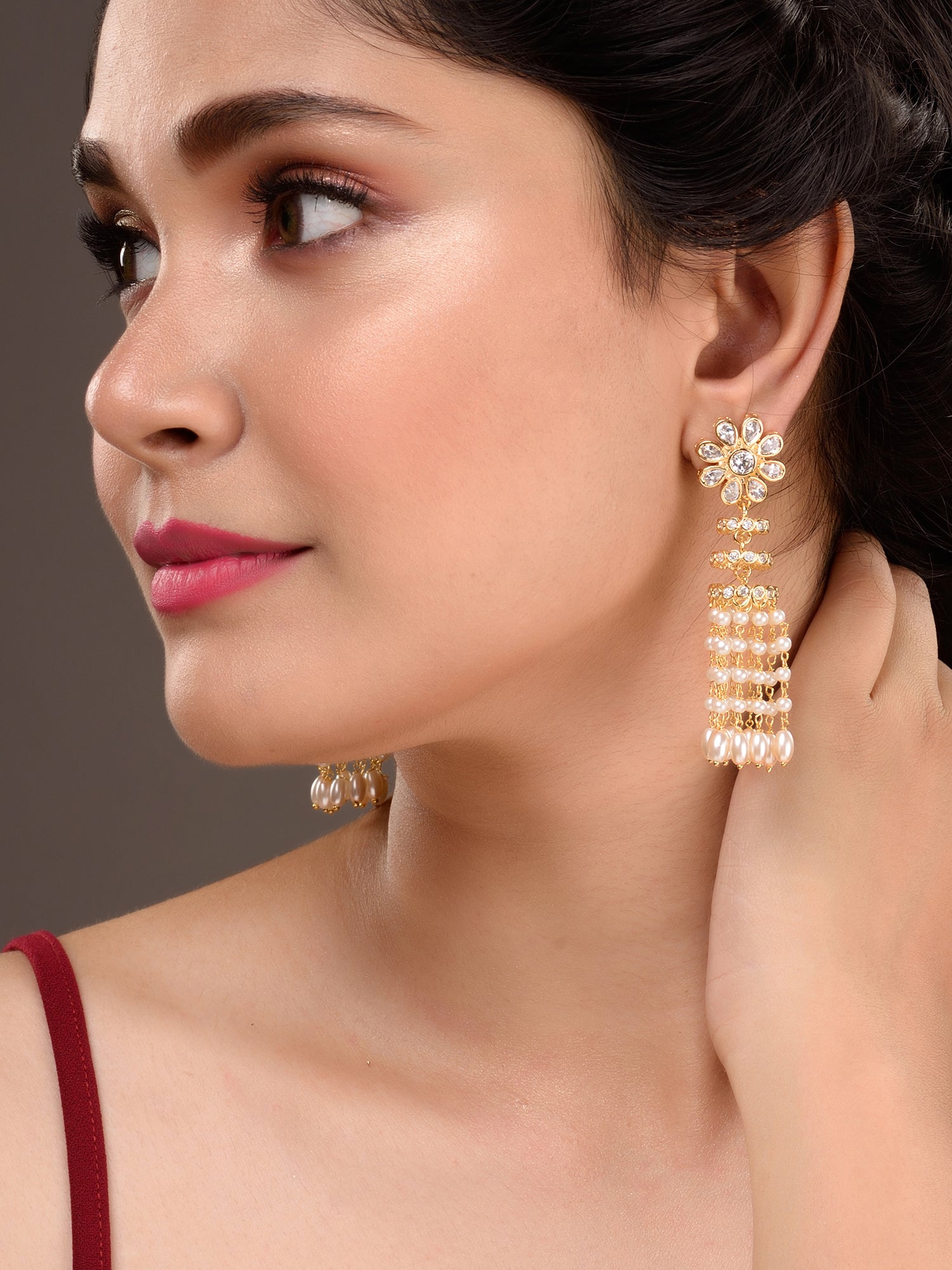 Gold plated polki Pearl Beaded Light Weight Chandelier Earrings