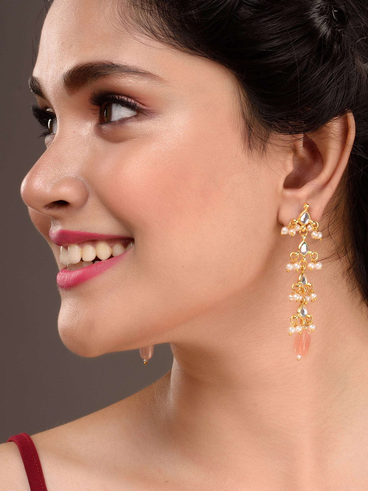 Gold Plated Kundan Pearl Beaded Dropdown Earrings