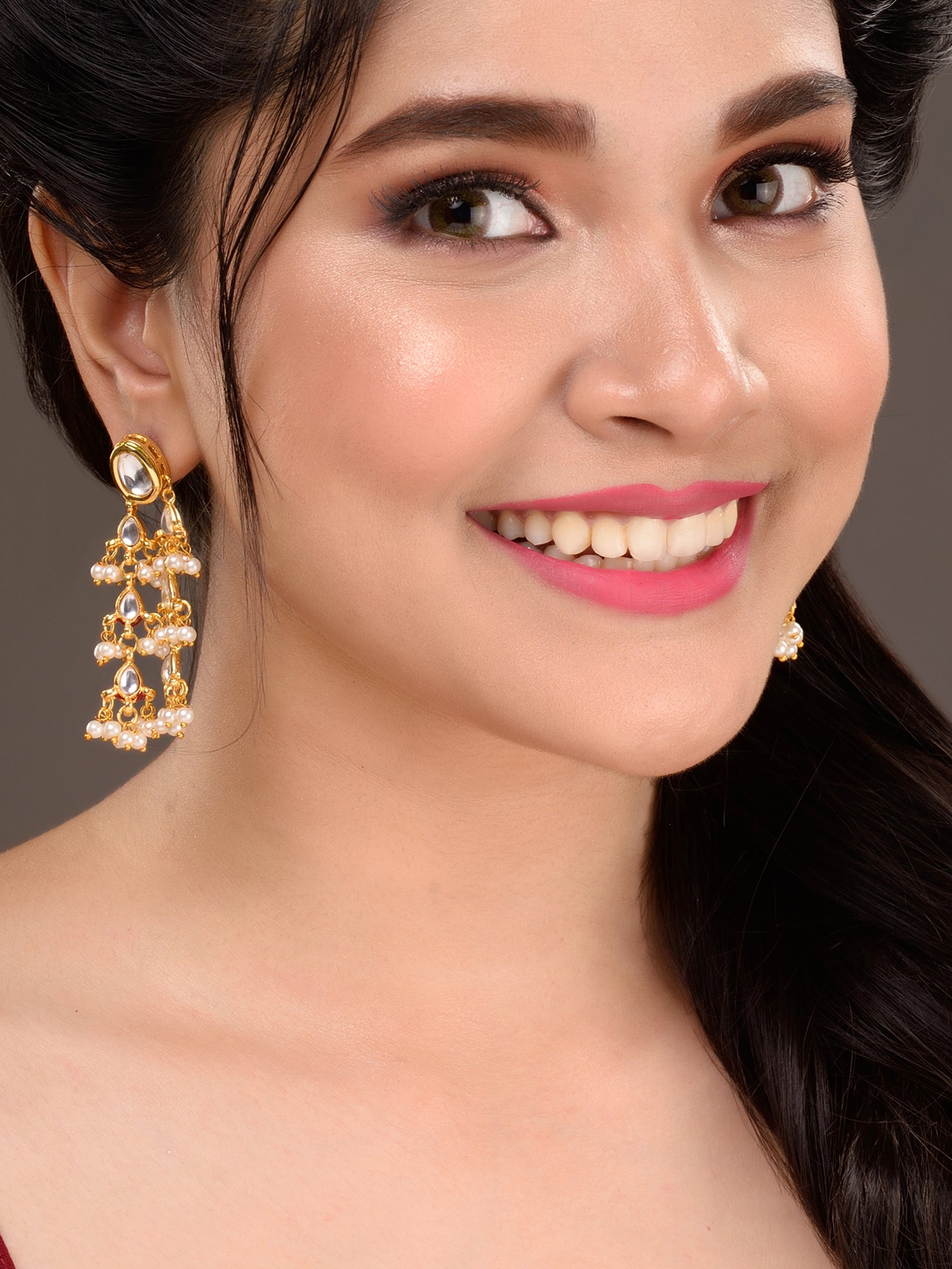 Gold Plated Kundan Pearl Beaded Traditional Dangle Earrings