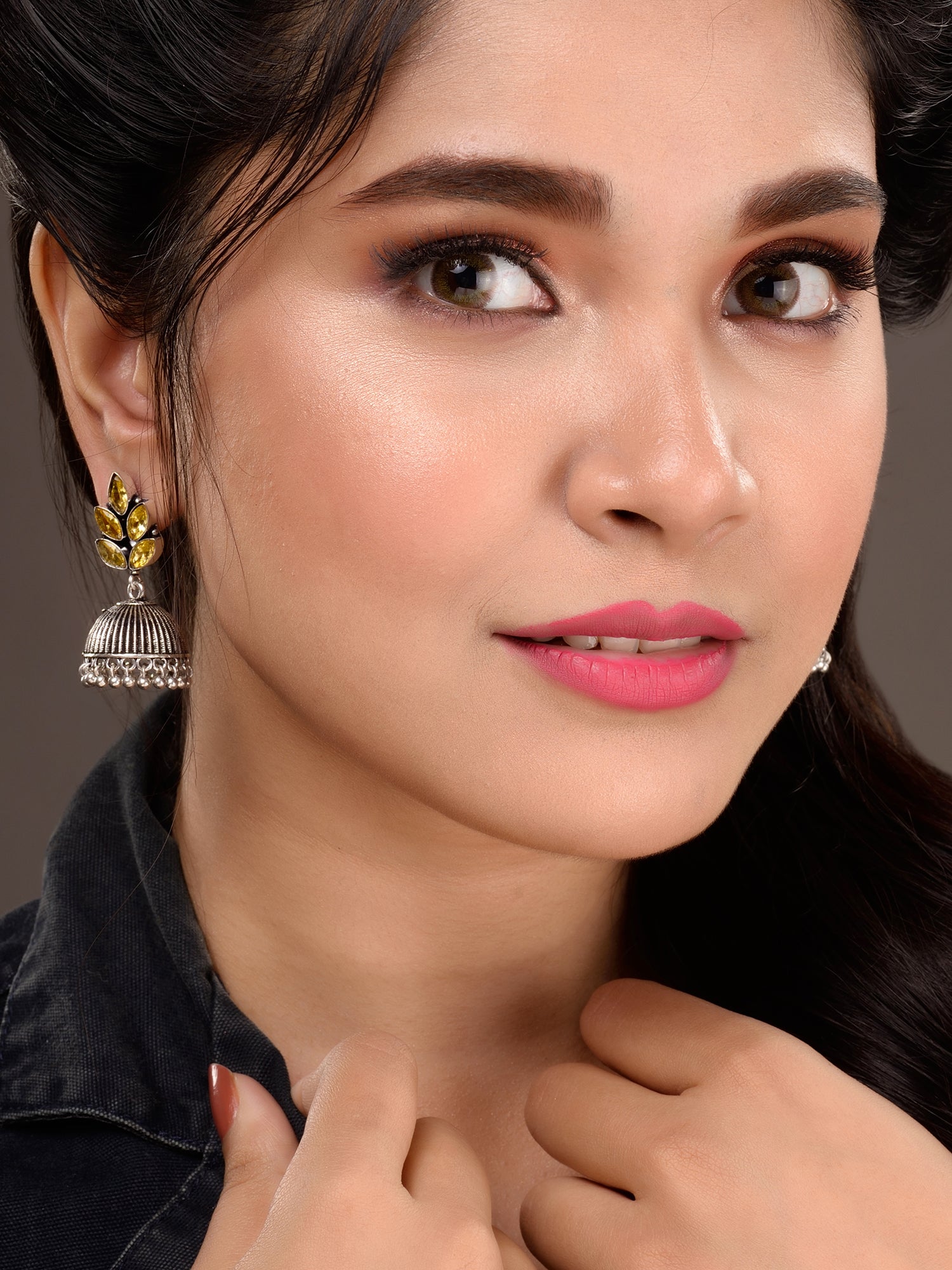 Oxidised Silver Toned Yellow Stone Studded Jhumka Earrings