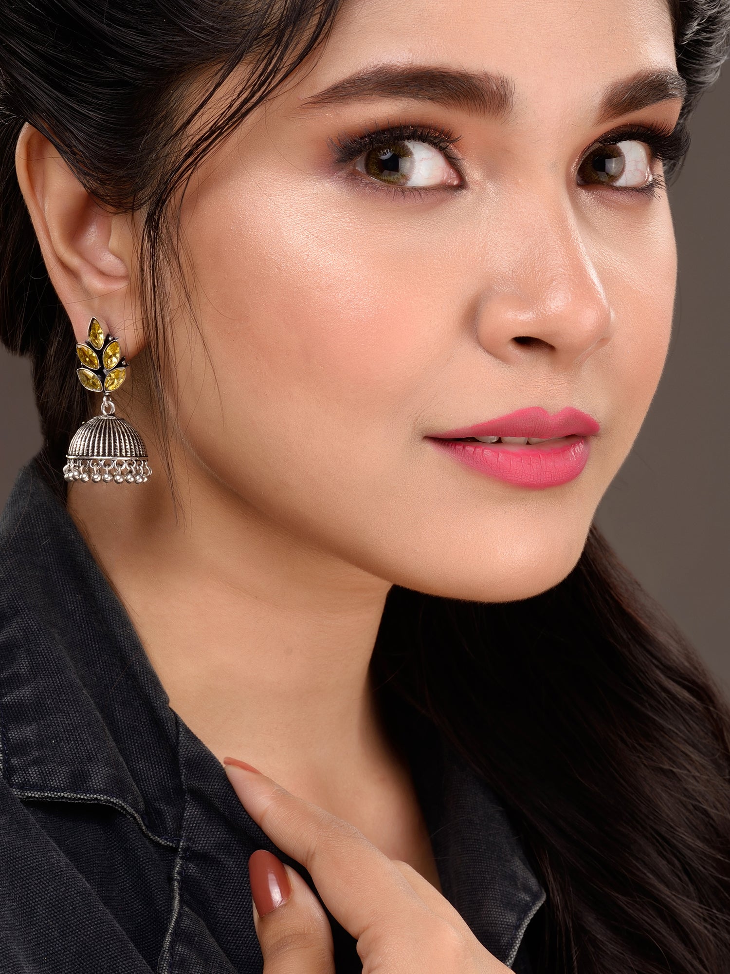 Oxidised Silver Toned Yellow Stone Studded Jhumka Earrings