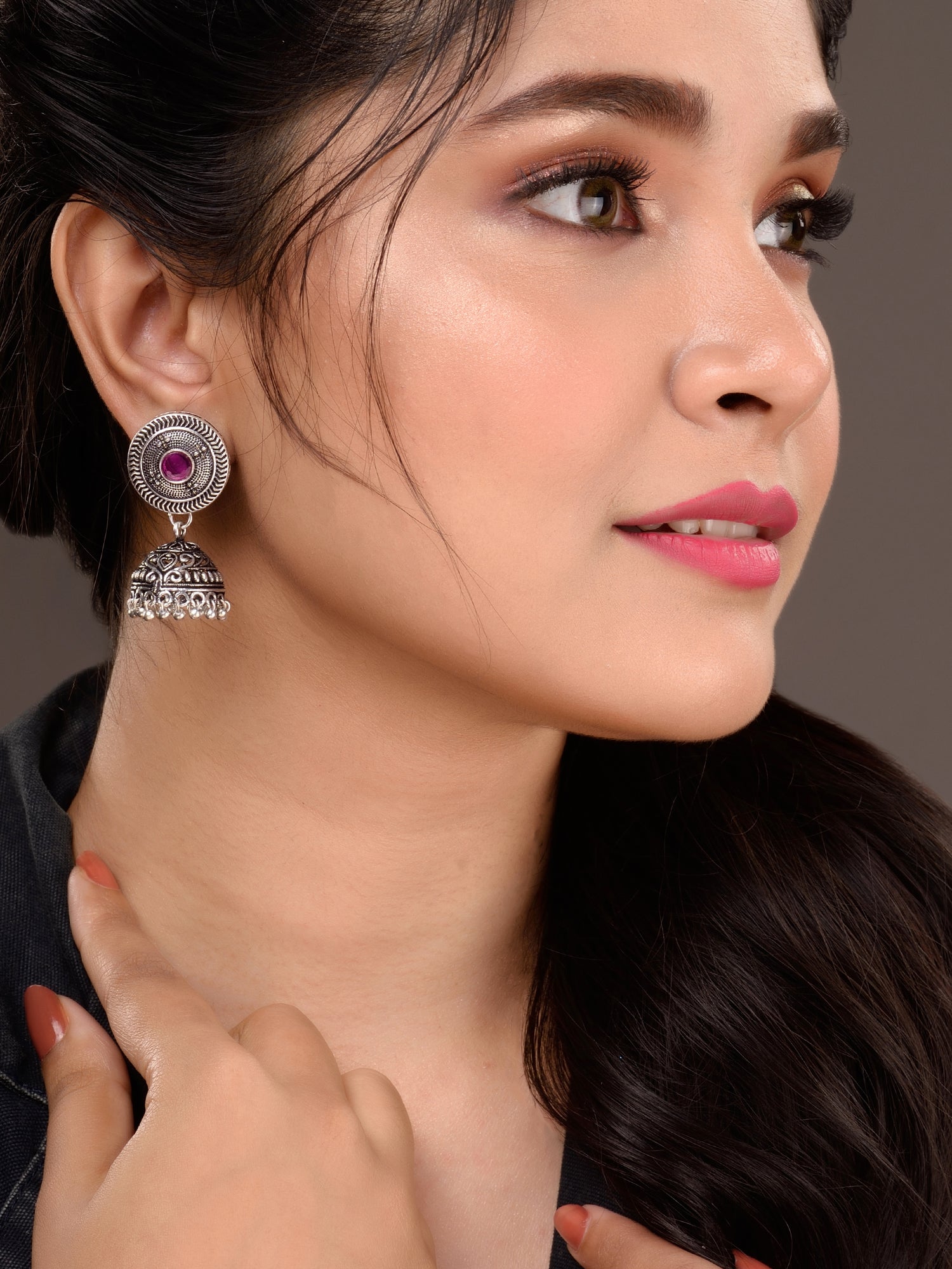 Oxidised Silver Plated Red Stone Studded Jhumka Earrings