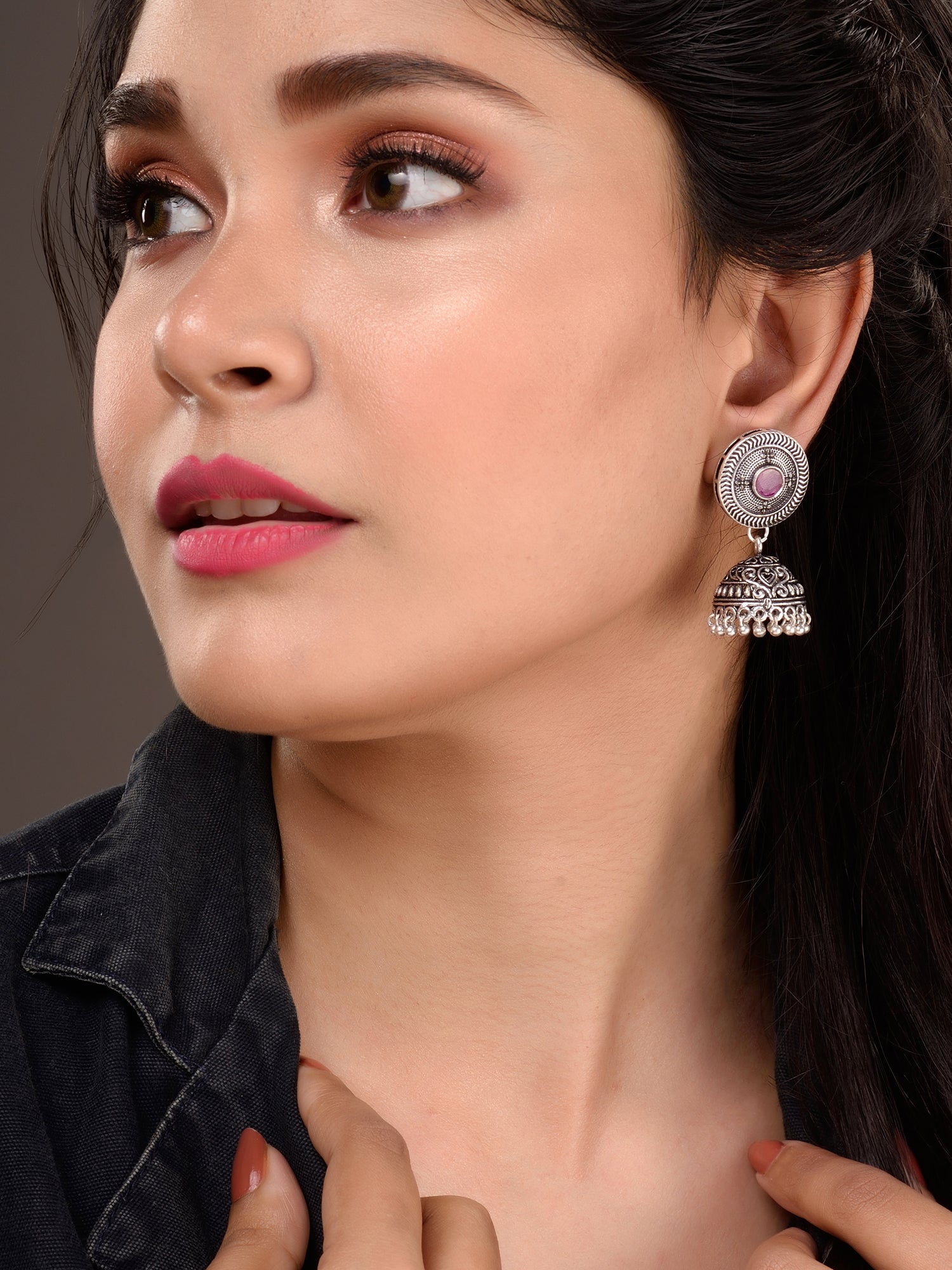 Oxidised Silver Plated Red Stone Studded Jhumka Earrings
