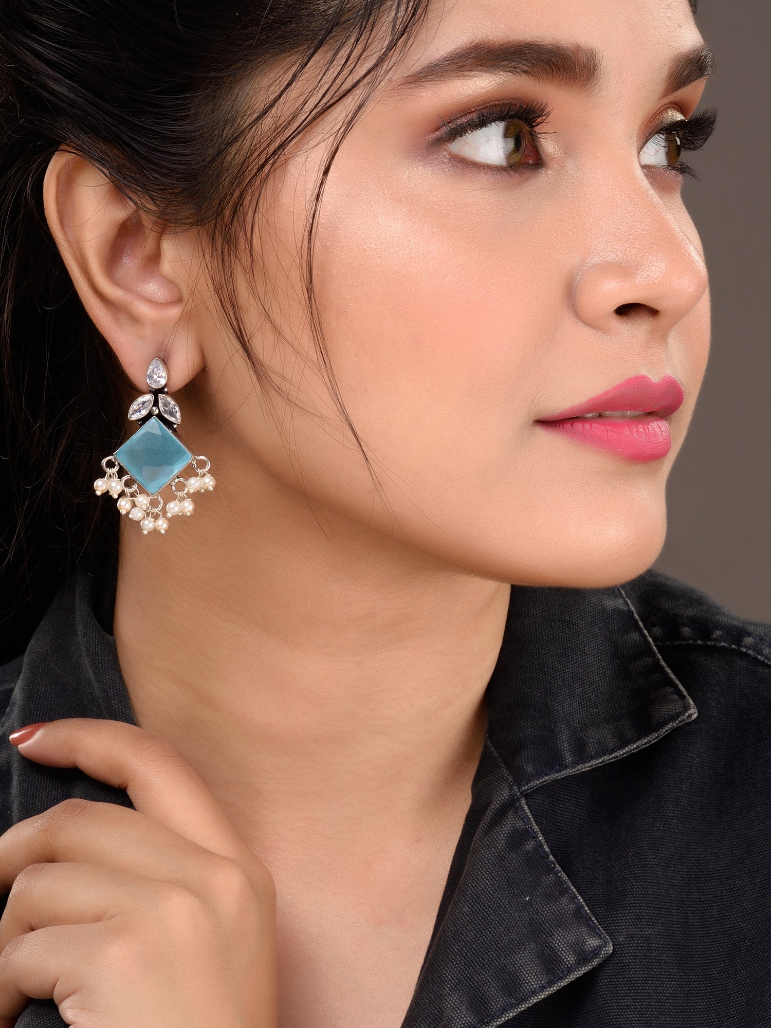 Oxidised Silver Toned Turquoise Stone Pearl Studded Earrings