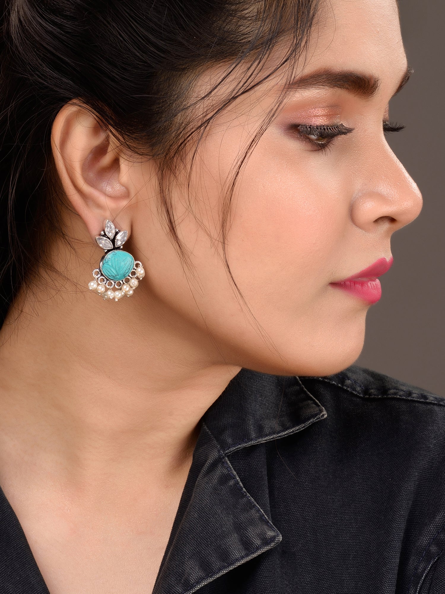 Oxidised Silver Toned Aqua Stone Studded Jhumka Earrings