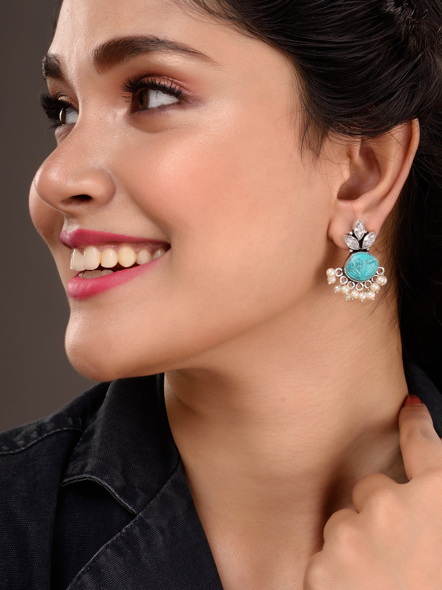 Oxidised Silver Toned Aqua Stone Studded Jhumka Earrings