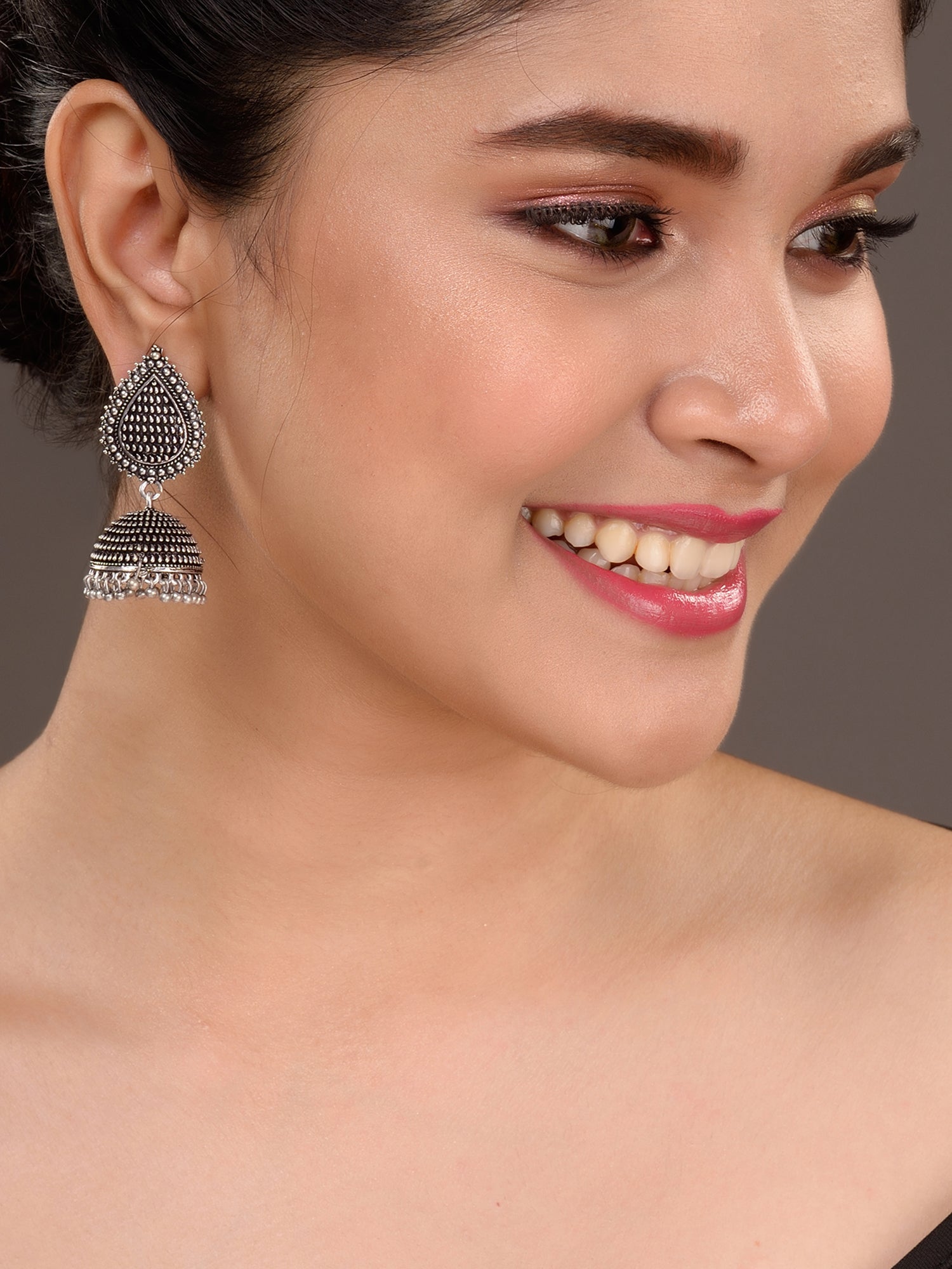 Oxidised Silver Plated Tilak Shaped Jhumka Earrings