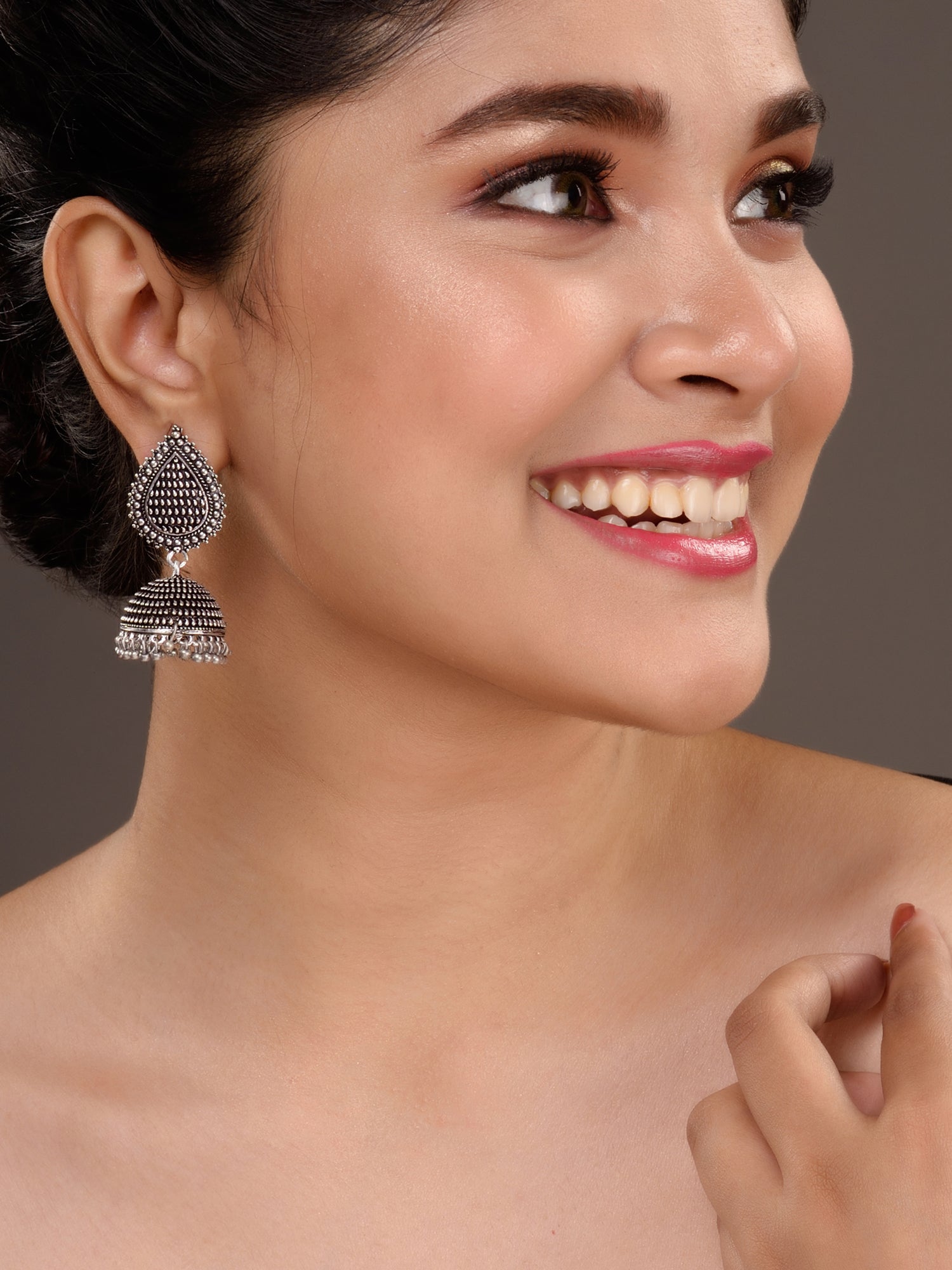 Oxidised Silver Plated Tilak Shaped Jhumka Earrings