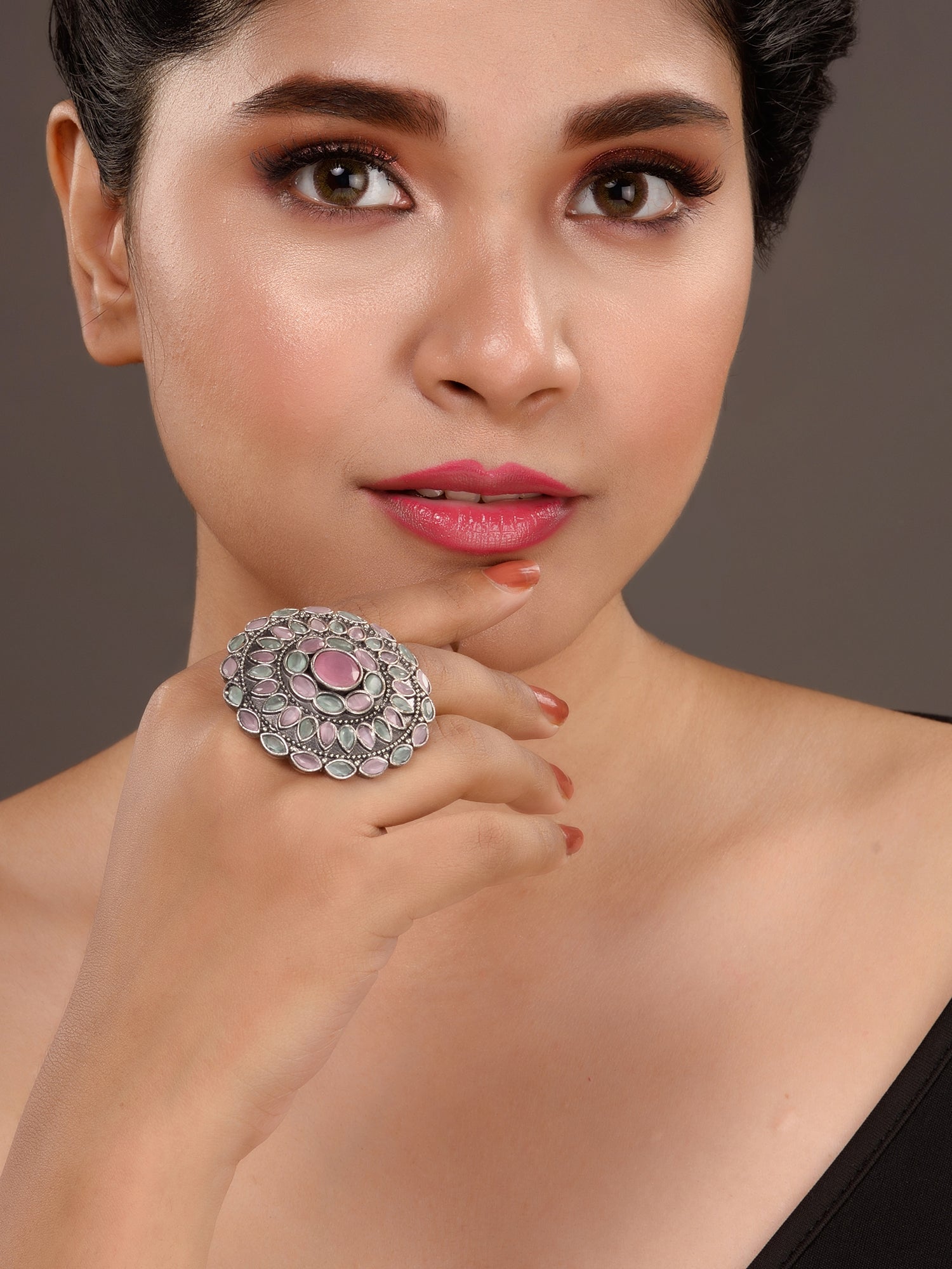 Oxidised Silver Plated Pink Mint Stone Studded Finger Ring