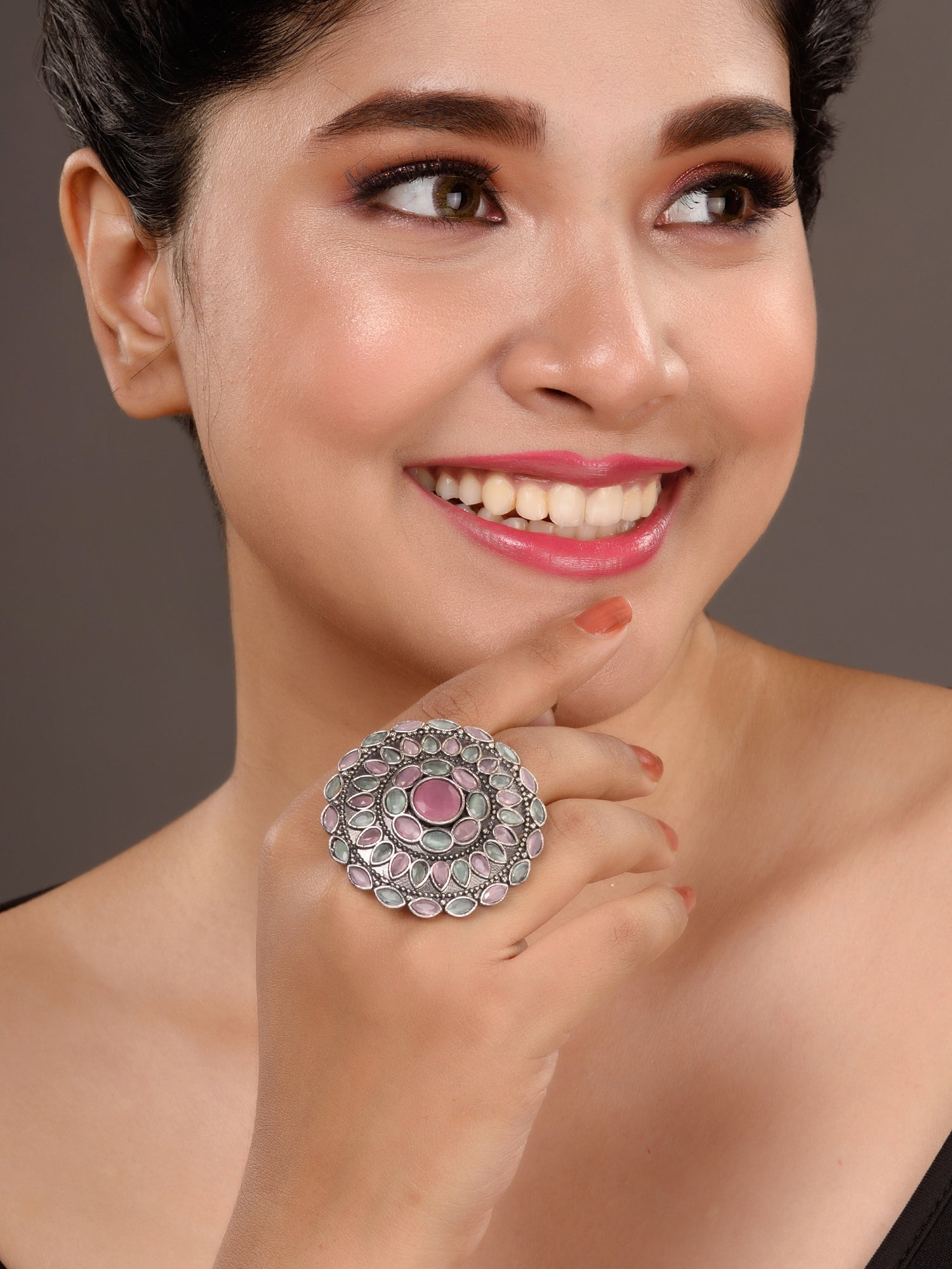 Oxidised Silver Plated Pink Mint Stone Studded Finger Ring