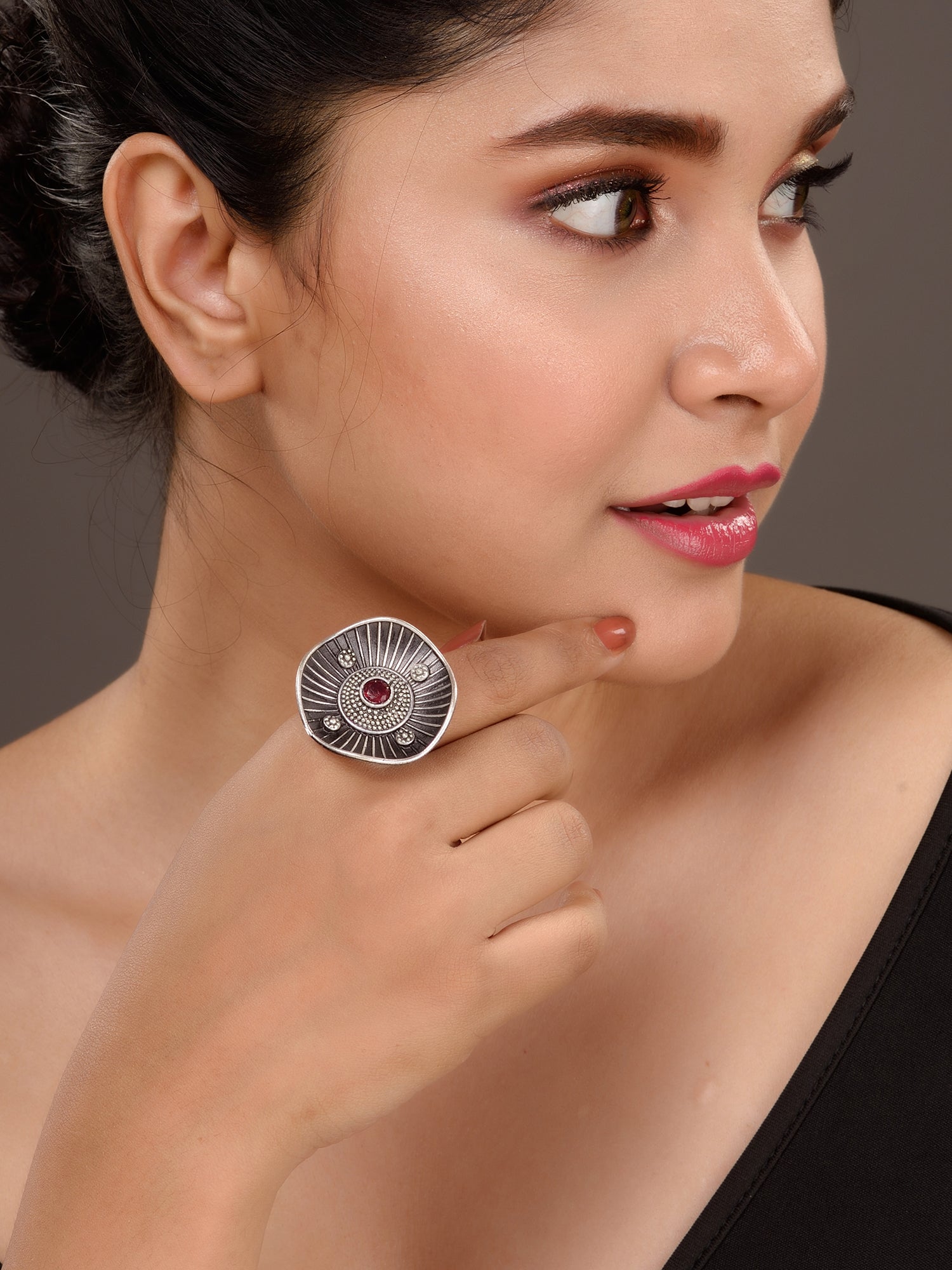 oxidised Silver Toned Pink Stone Finger Ring