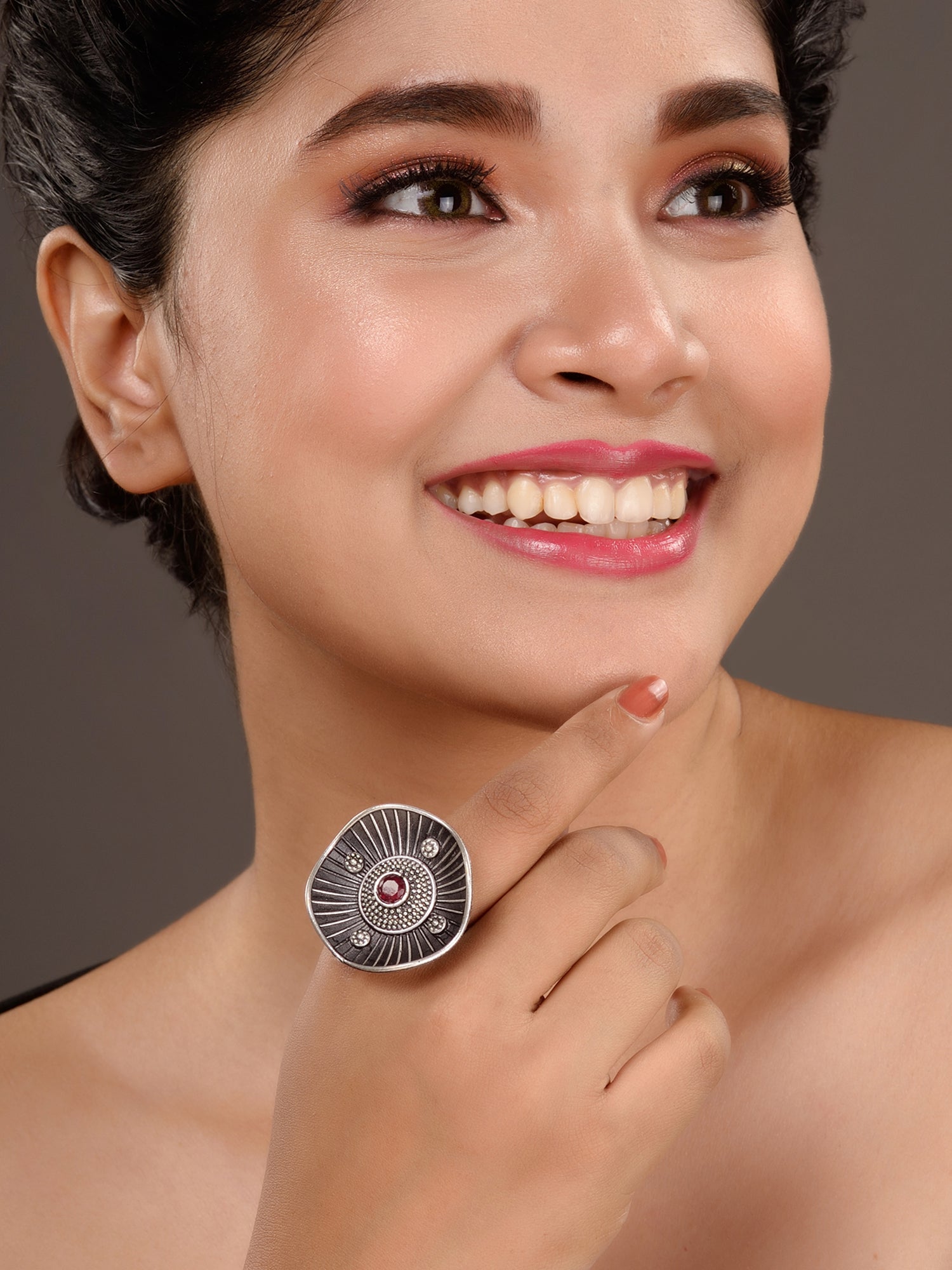 oxidised Silver Toned Pink Stone Finger Ring