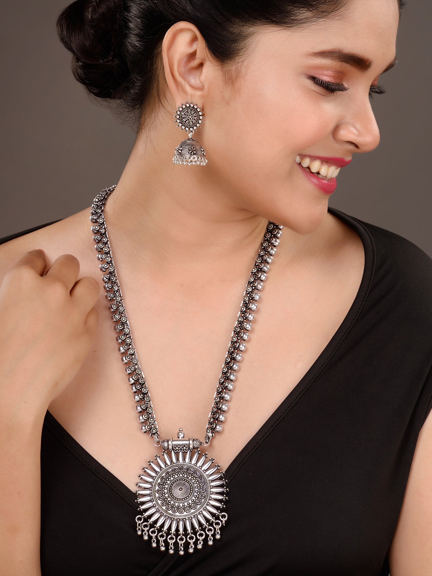Oxidised Silver Plated Solar Design Necklace Jhumki Jewellery Set