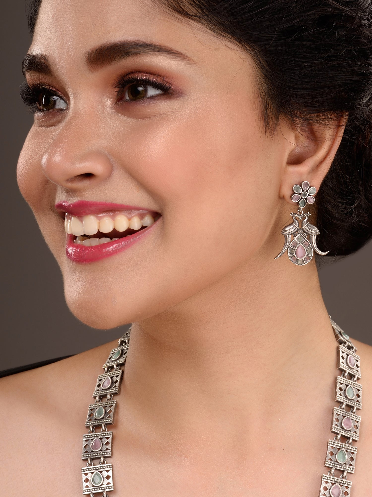 Oxidised Silver Toned Mint Pink Tribal Jewellery Set