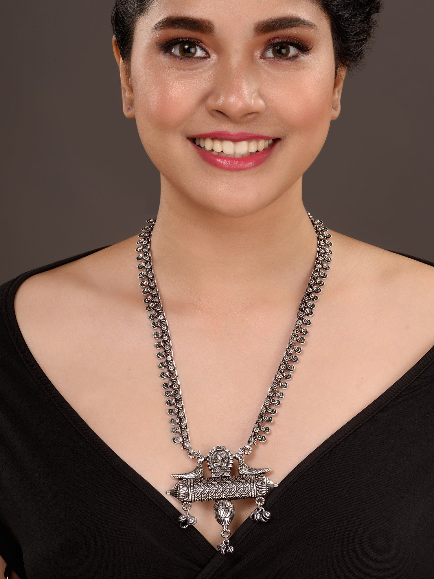 Oxidised Siver Toned Peacock Design Tribal Necklace