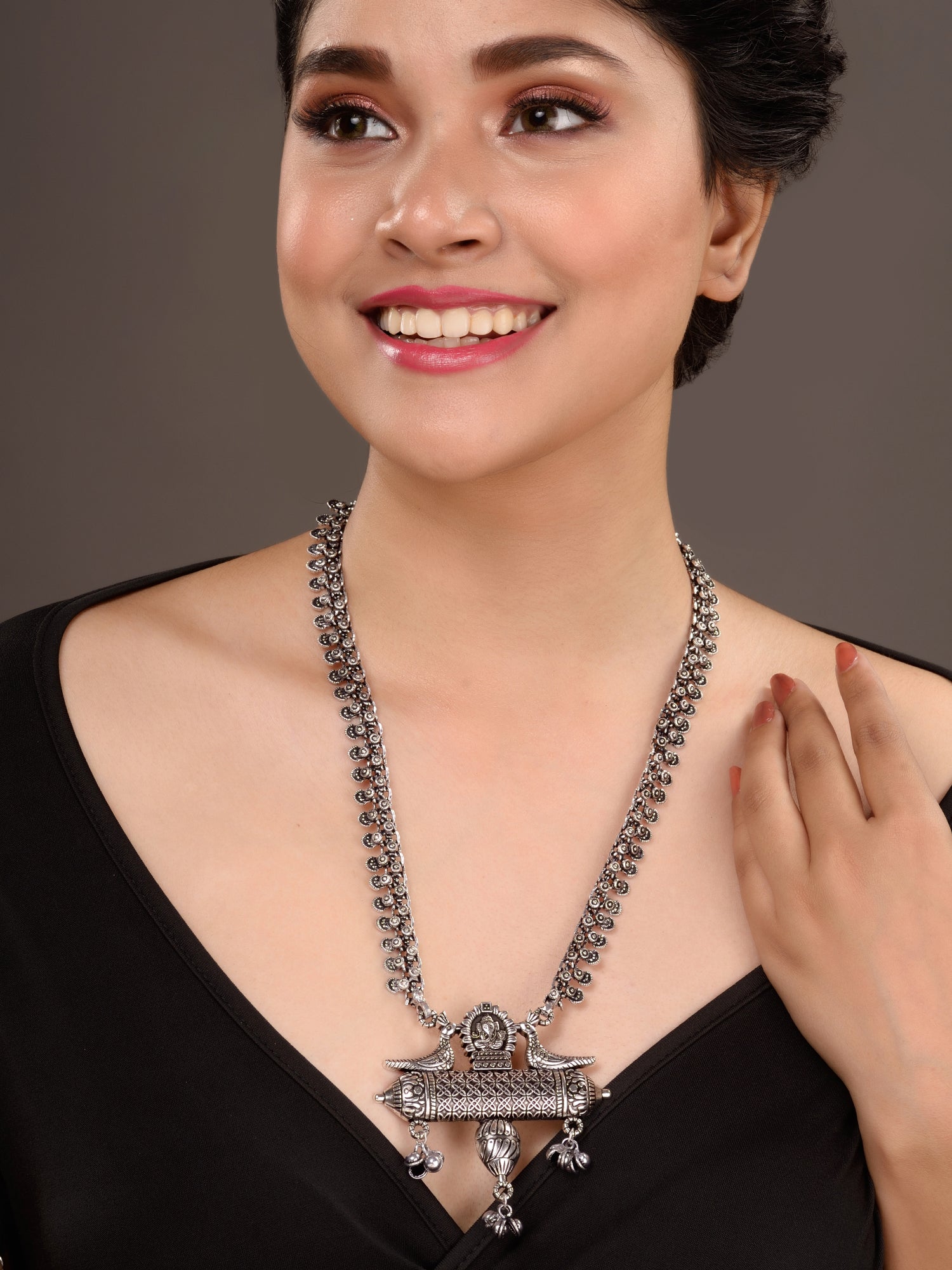 Oxidised Siver Toned Peacock Design Tribal Necklace