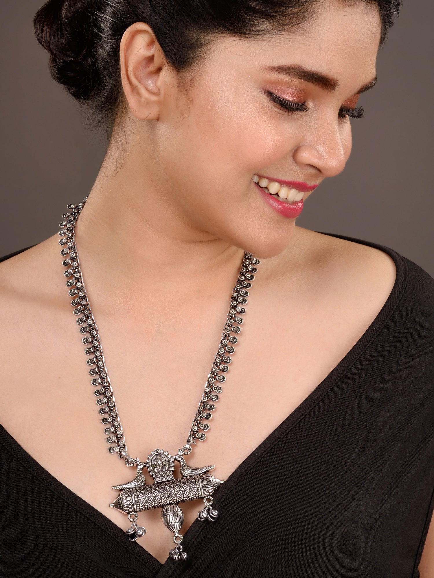 Oxidised Siver Toned Peacock Design Tribal Necklace