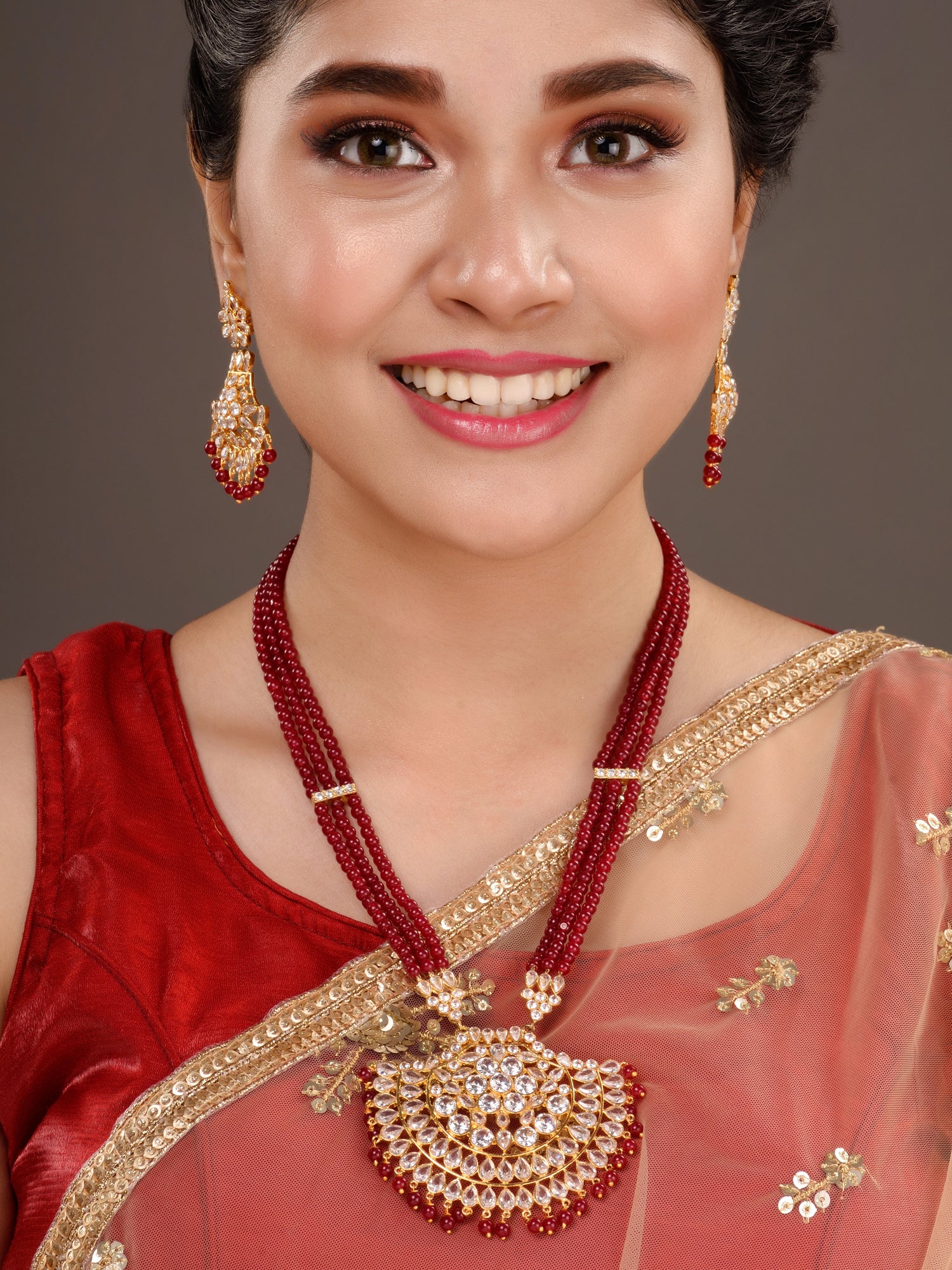 Gold Plated Polki Red mala Beaded Rani Haar Jewellery Set