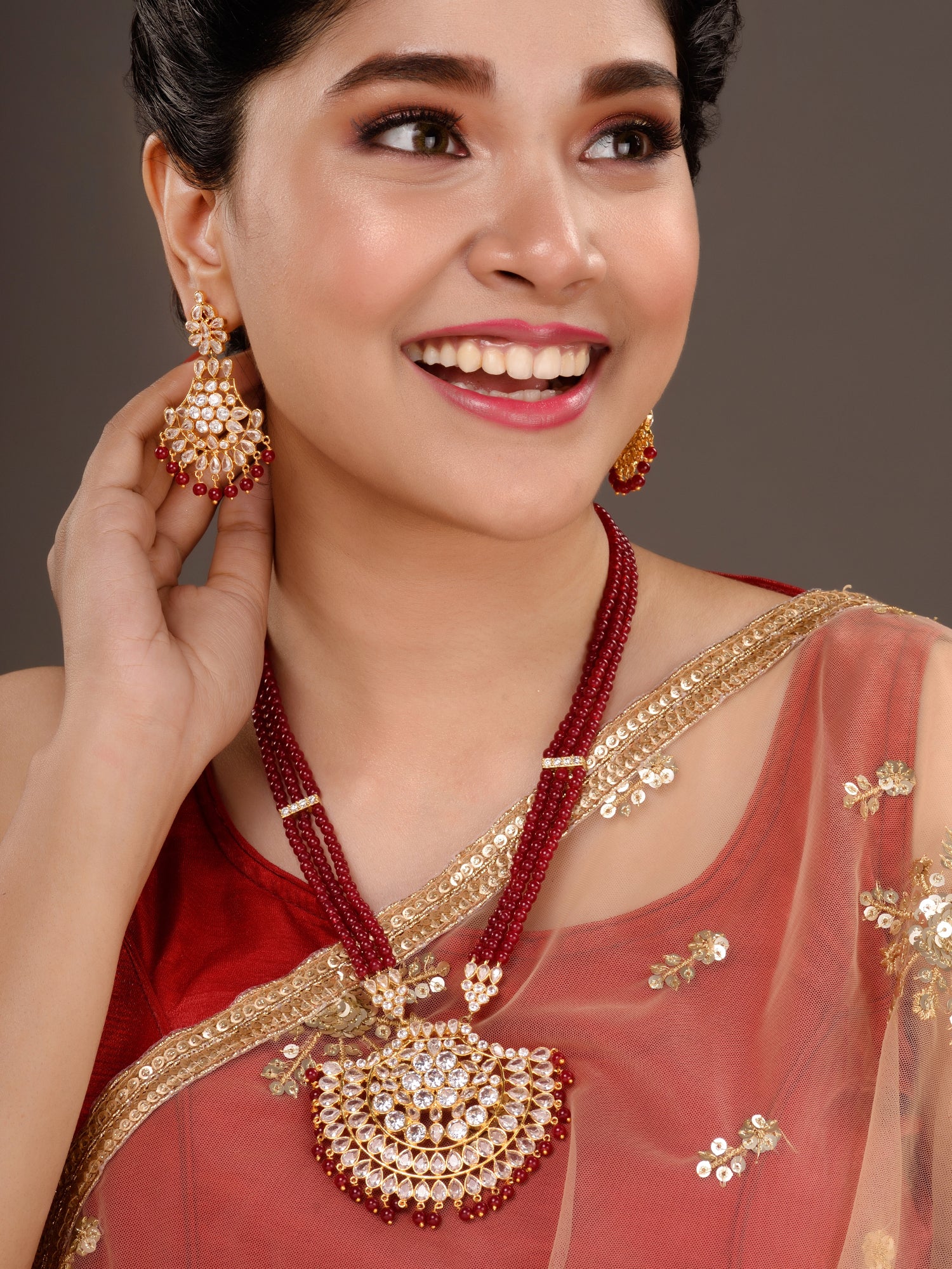 Gold Plated Polki Red mala Beaded Rani Haar Jewellery Set