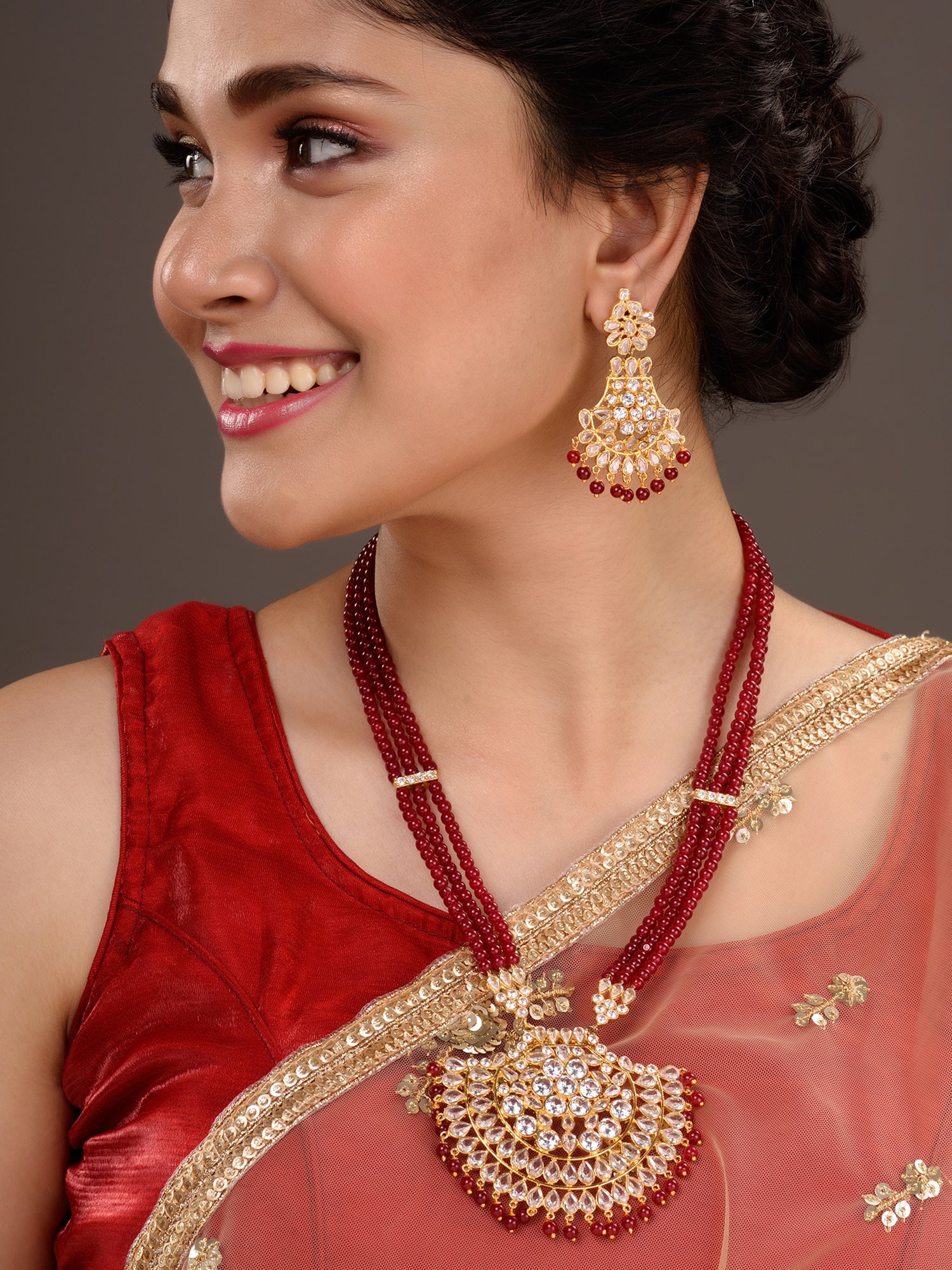 Gold Plated Polki Red mala Beaded Rani Haar Jewellery Set
