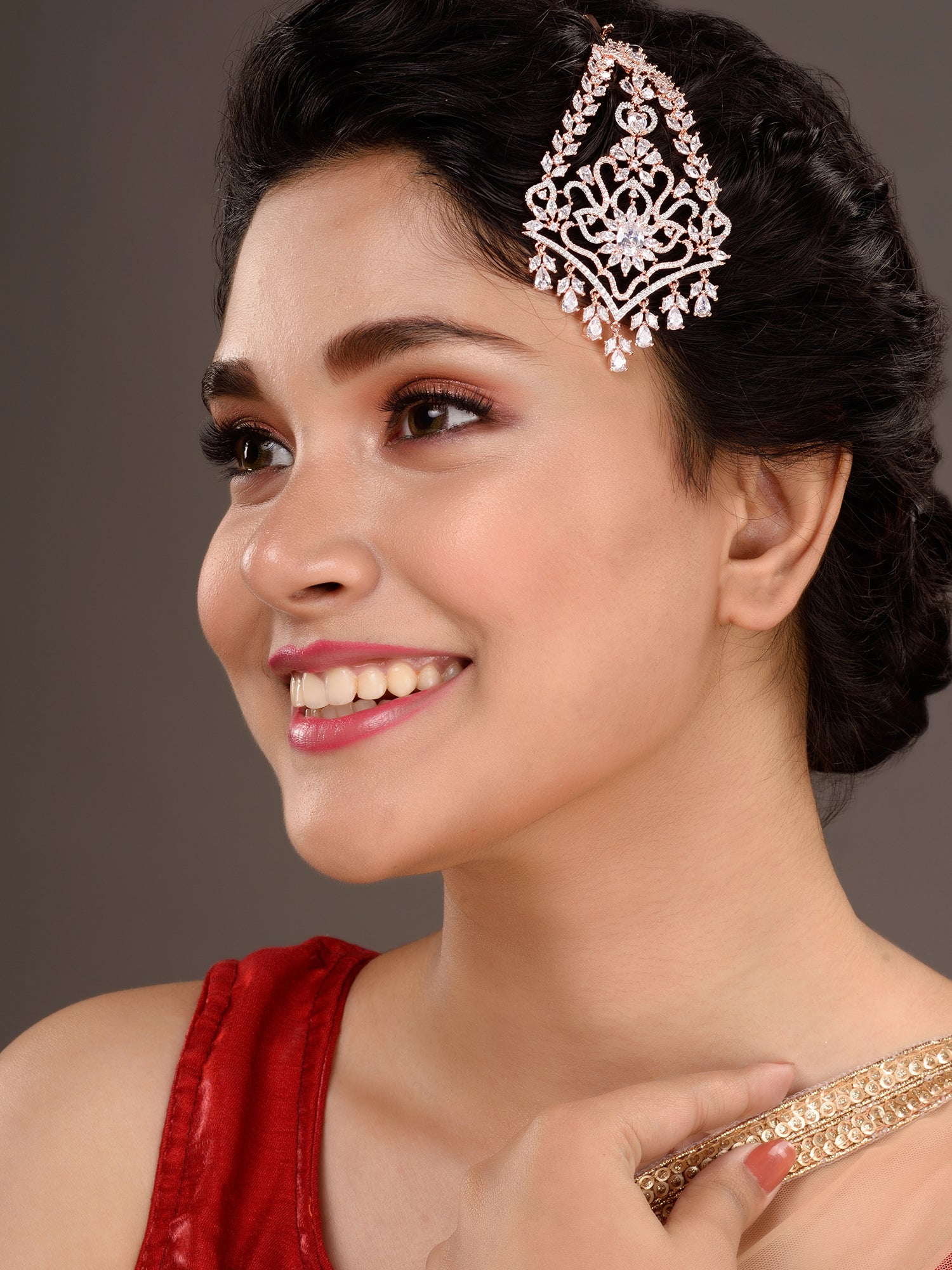 Rose Gold Plated AD studed Jhumar design Passa