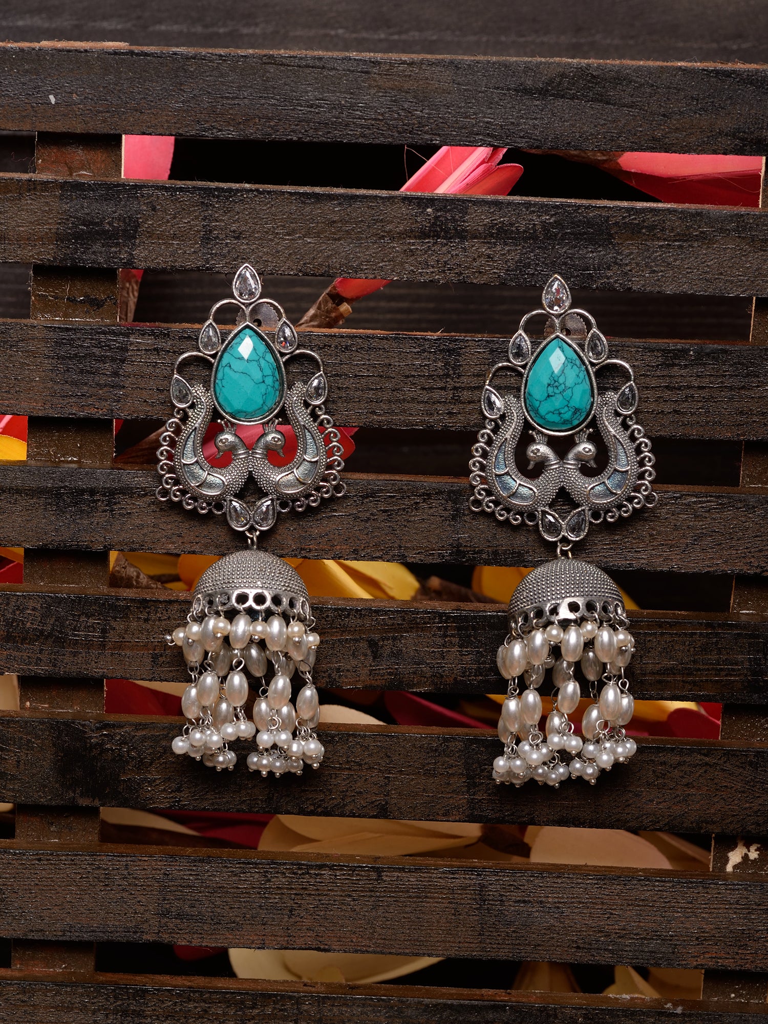 Turquoise Blue studded & beaded Oxidised Jhumka Earrings