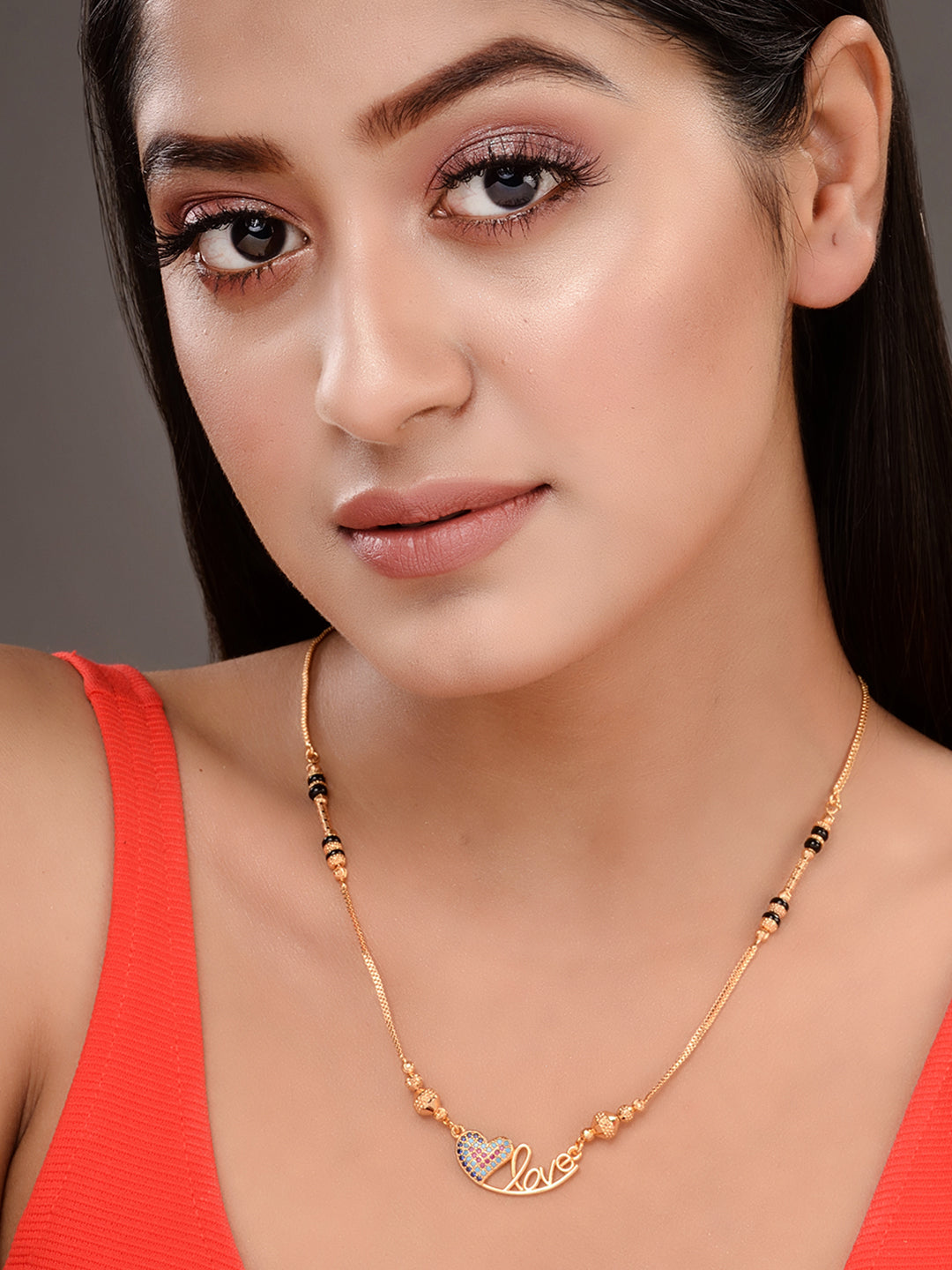 Gold Toned Heart Shaped Stone Studded & Beaded Mangalsutra