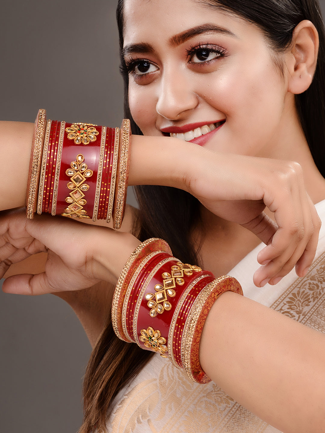 Gold Plated set Of 2 Matching Red Bangles kundan studded Bridal designer Chuda