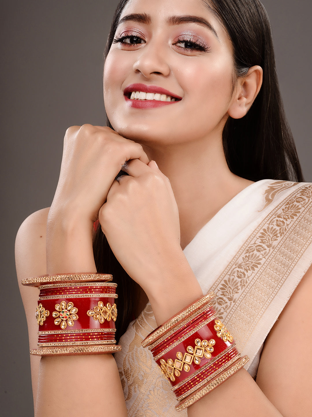 Gold Plated set Of 2 Matching Red Bangles kundan studded Bridal designer Chuda