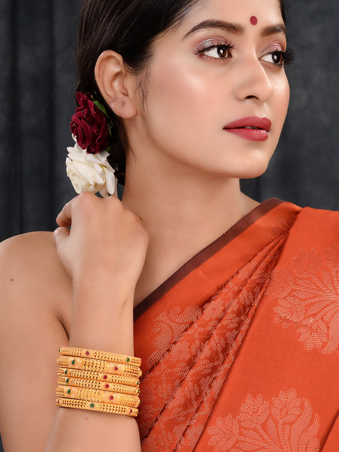 Set Of 6 24 CT Gold Plated Red Stone Studded Handcrafted Bangles For Regular Use