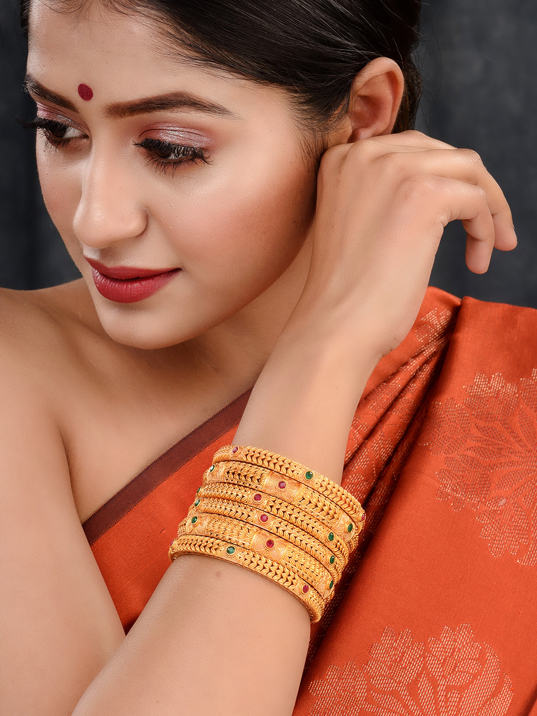 Set Of 6 24 CT Gold Plated Red Stone Studded Handcrafted Bangles For Regular Use