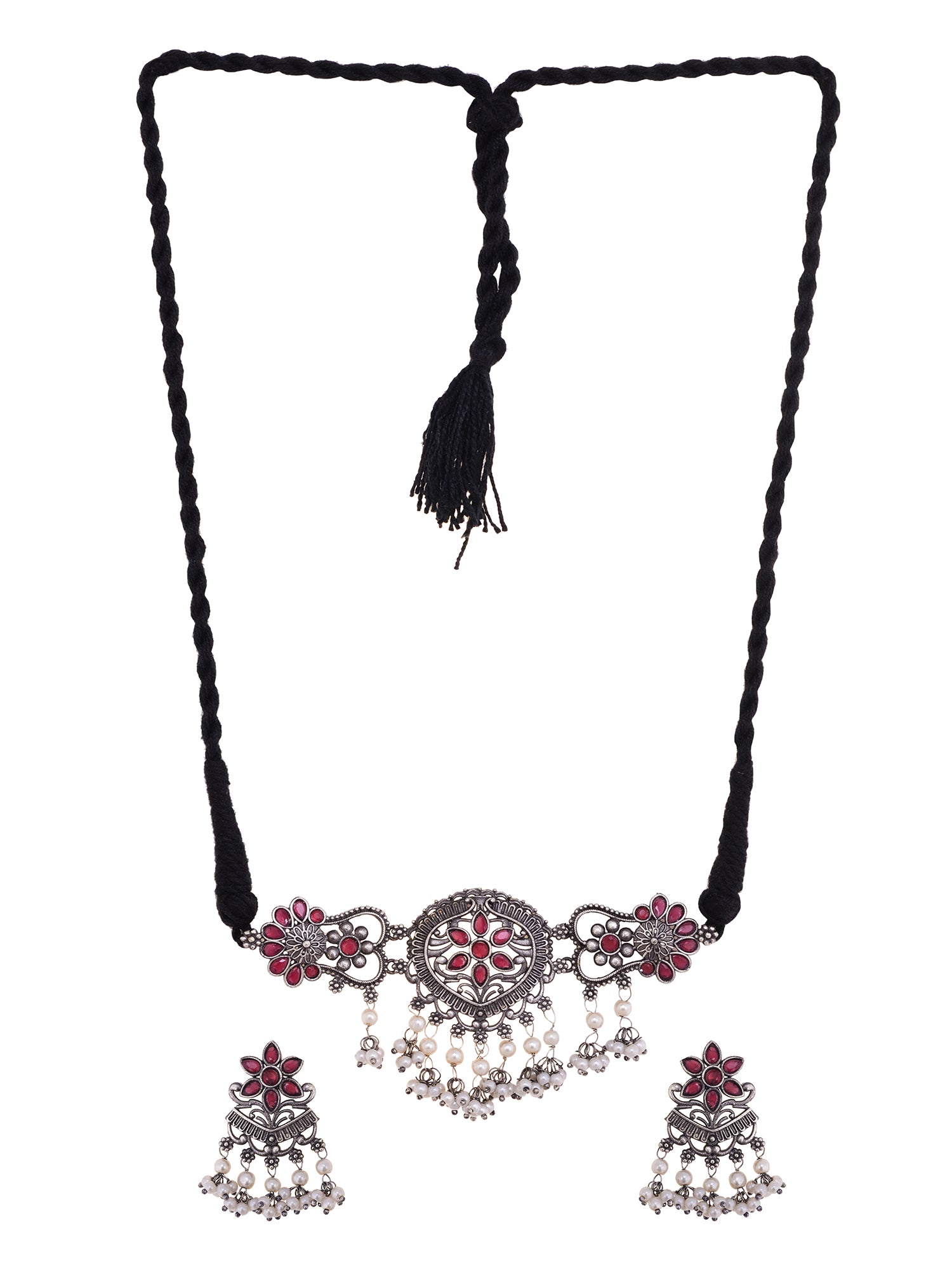 Silver Oxidised Red Stone Studded Tribal Choker Jewellery set