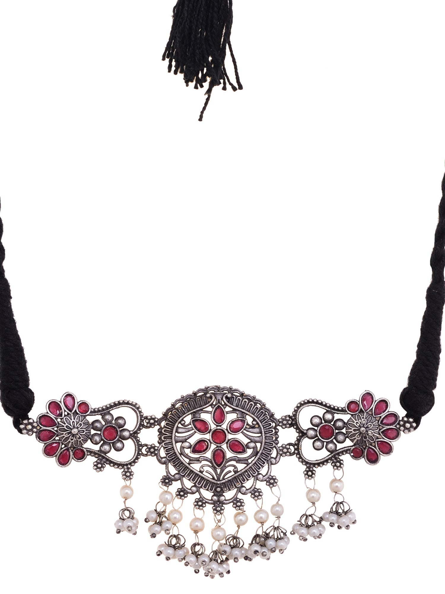 Silver Oxidised Red Stone Studded Tribal Choker Jewellery set