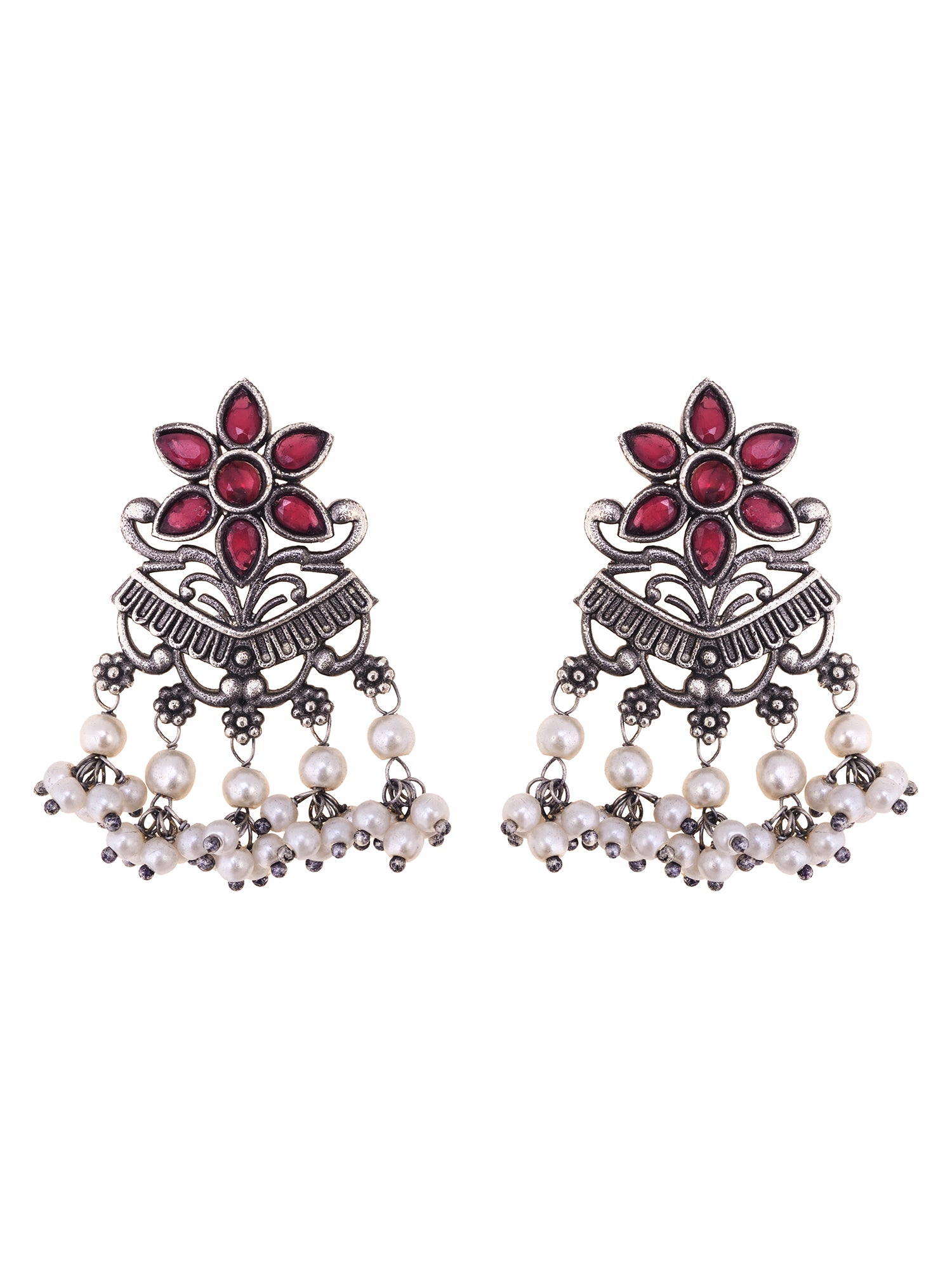 Silver Oxidised Red Stone Studded Tribal Choker Jewellery set